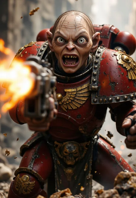 A Warhammer 40K Blood Angel with Smeagol's wild and twisted face, his mouth open in a ferocious battle cry, firing a massive heavy bolter directly at the viewer. The heavy bolter's muzzle flashes illuminate his manic expression, with every detail of his power armor—gleaming red and gold, adorned with purity seals and battle scars—shining brilliantly amidst the chaos. His eyes wide with insanity and obsession, smoke and debris swirl around him, as if he’s completely consumed by the madness of battle. The scene captures a darkly humorous moment, blending the grim, futuristic warfare of 40K with Smeagol's unhinged, feral intensity