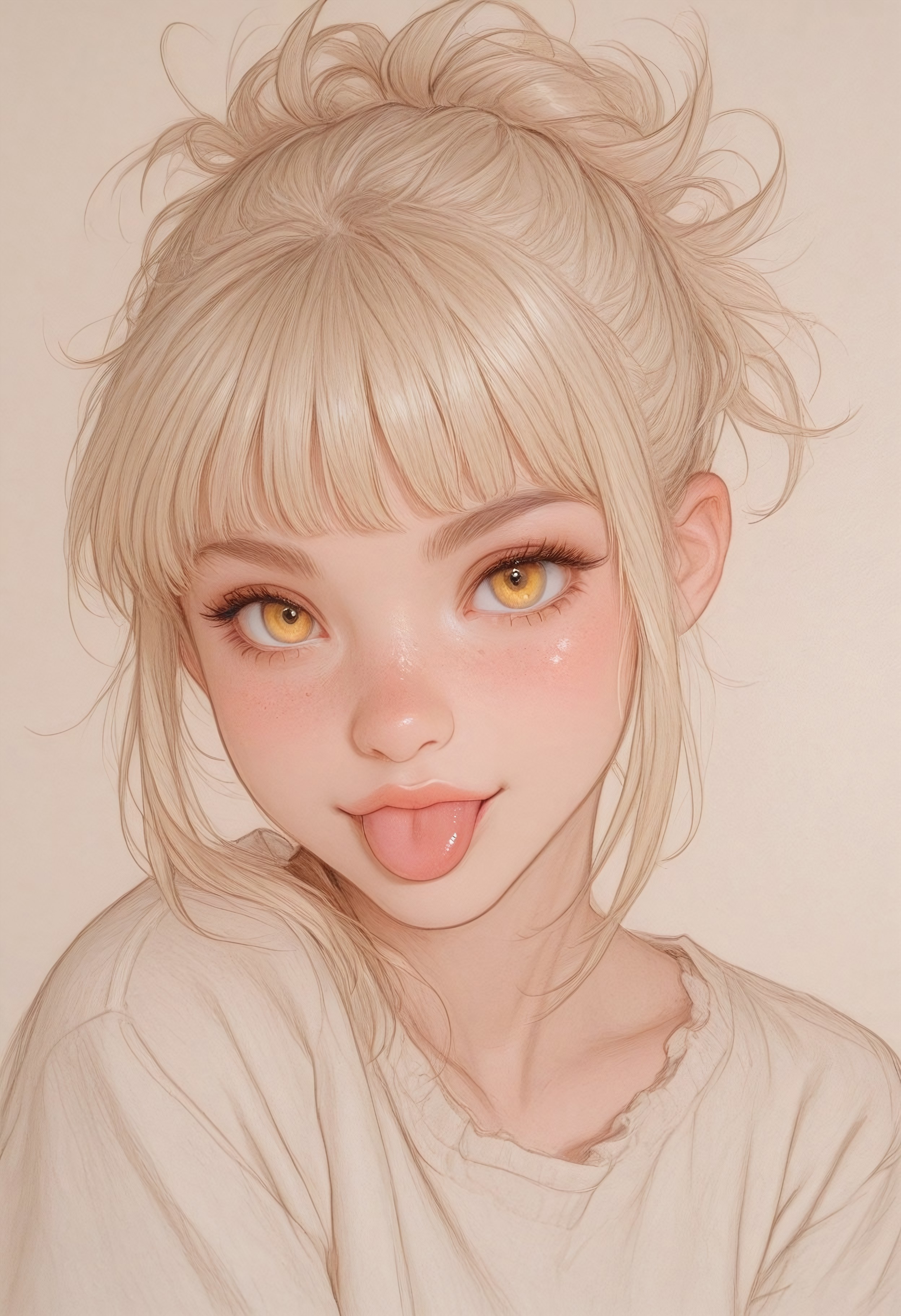 sketch, paper texture, traditional media,
masterpiece, best quality, very aesthetic, absurdres, sketched, lineart, sketched-shading, (anime coloring:1.2), dynamic lighting, ambient light, soft light, usnr, artist:moriimee, line art,

female, Himiko Toga, blonde hair, freckles, looking at viewer,
face focus, beautiful eyes, yellow eyes, ;p,
dynamic pose, off balance,

[layered_composition], pencil drawing style, pastel colors, pencil colors,
simple background, gradient, high detail, sharp shading, soft shadows,