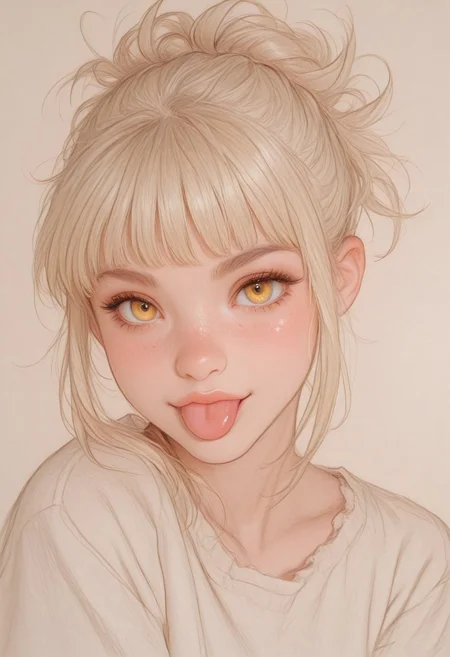 sketch, paper texture, traditional media,
masterpiece, best quality, very aesthetic, absurdres, sketched, lineart, sketched-shading, (anime coloring:1.2), dynamic lighting, ambient light, soft light, usnr, artist:moriimee, line art,

female, Himiko Toga, blonde hair, freckles, looking at viewer,
face focus, beautiful eyes, yellow eyes, ;p,
dynamic pose, off balance,

[layered_composition], pencil drawing style, pastel colors, pencil colors,
simple background, gradient, high detail, sharp shading, soft shadows,