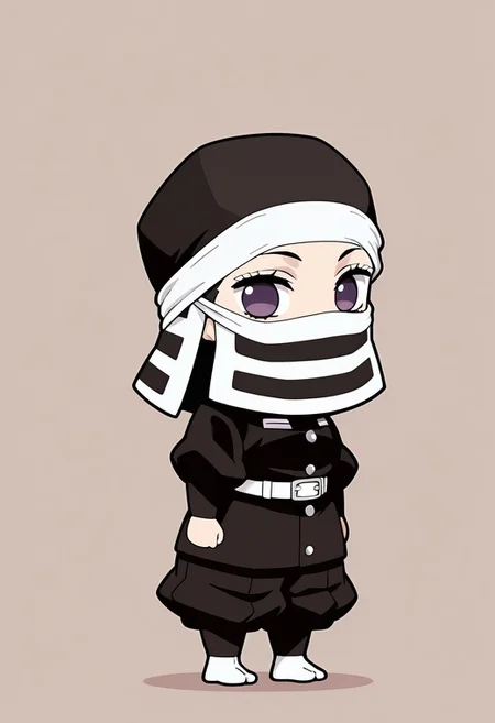 masterpiece, 1girl, solo, (chibi:1.2), (chibi only:1.2), big head, c-kakushi, black headwear, mouth mask, black uniform, white belt, black pants, tabi, zouri, full body, simple background, looking at viewer, purple eyes