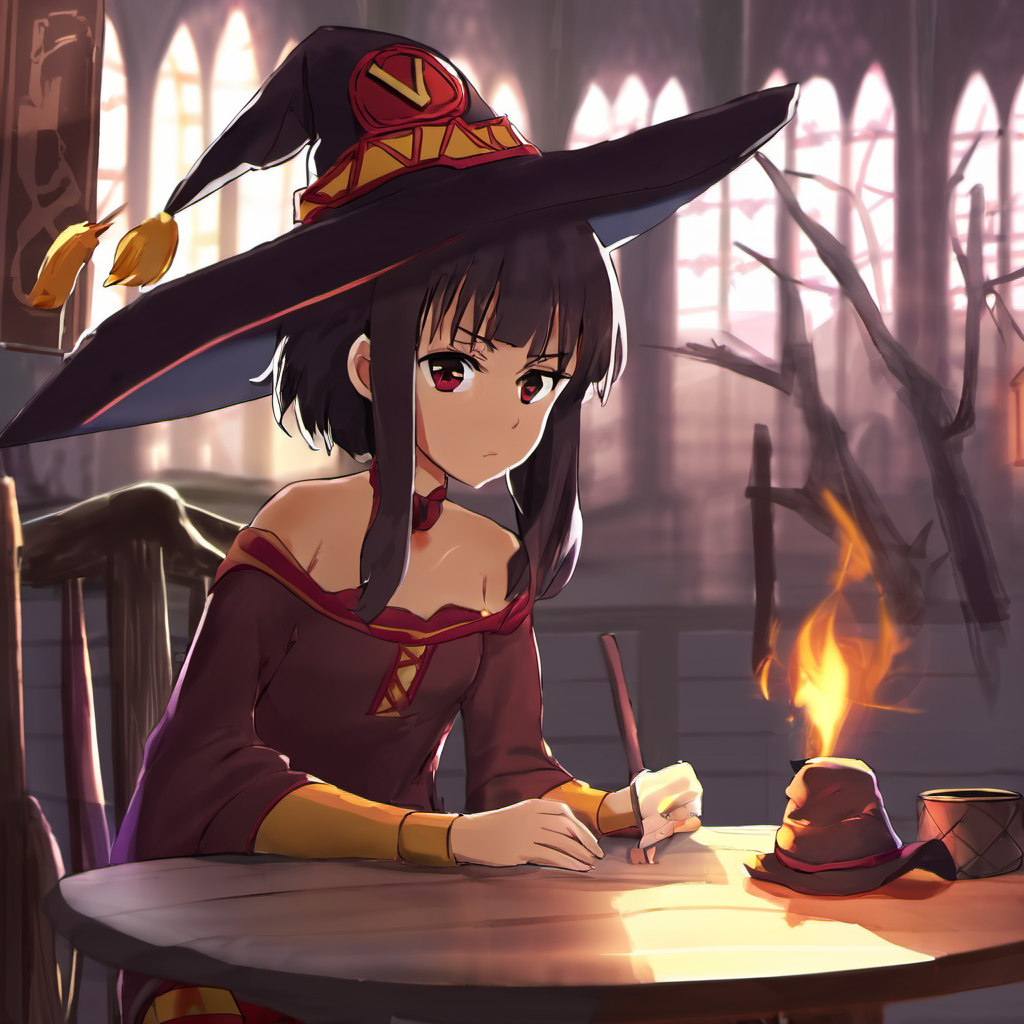 concept art a girl, megumin, sitting at table, sad, pout, looking away, witch hat, <lora:megumin:0.8> . digital artwork, illustrative, painterly, matte painting, highly detailed