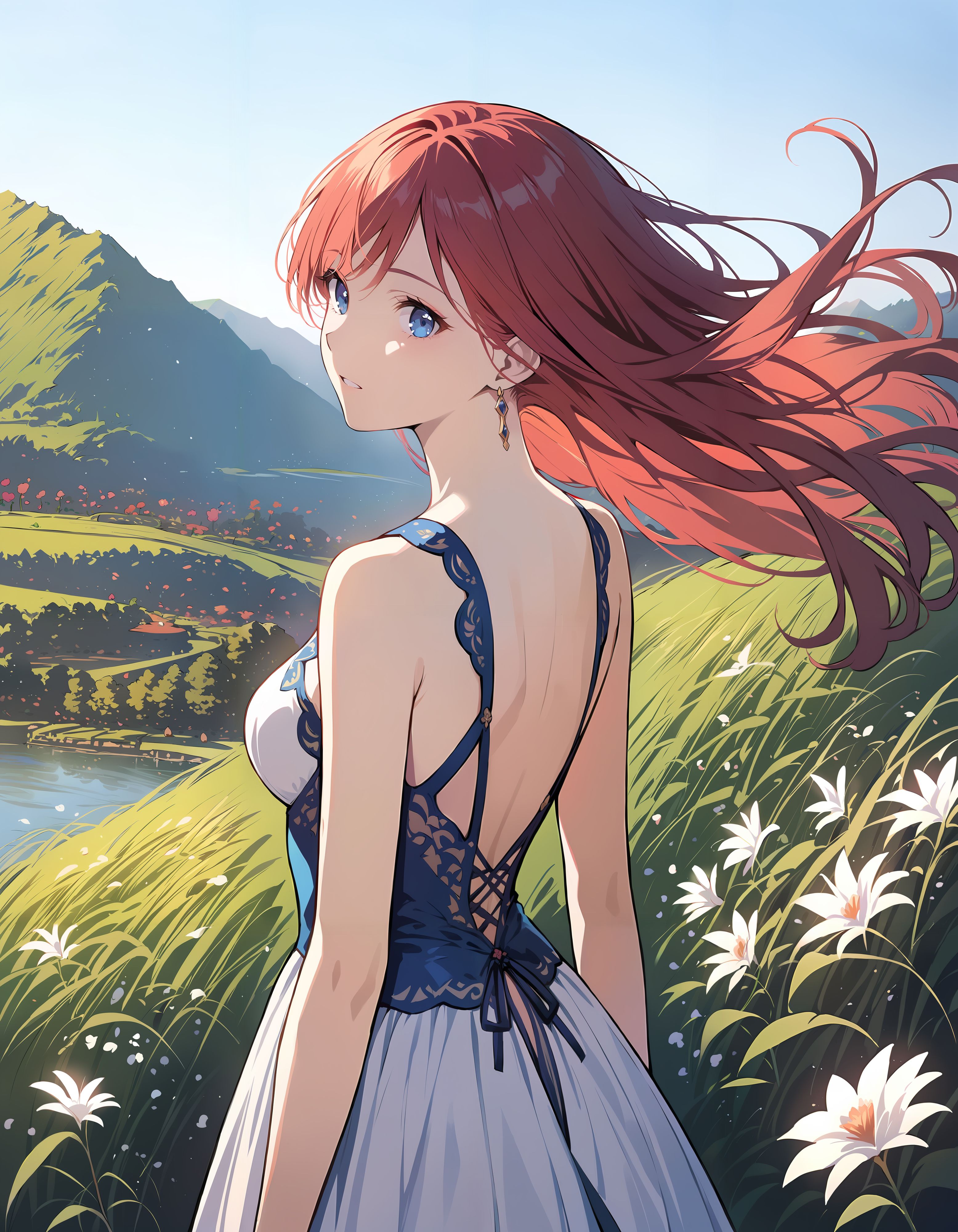 (PEX_style),1girl, (dress, bare shoulders, bare arms),upper body, (red hair, touching hair),standing, ((winds,cowboy shot, close-up)),landscape,great plain,lawn,flowers,blue sky,lake,(score_9,score_8_up,score_7_up,best quality,high quality,masterpiece),masterpiece,japanese anime style,fantasy,((extremely detailed)),
