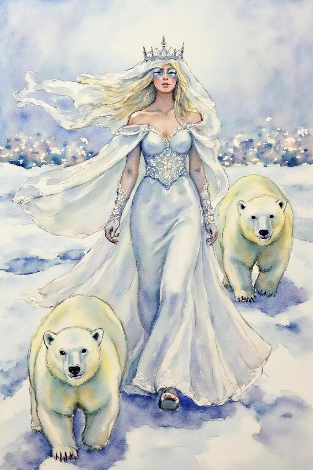 watercolor.
dulac1. A Snow Queen with an ethereal appearance. She is dressed in a flowing, long white gown that seems to shimmer, possibly made of a translucent fabric or lace, giving it a delicate, ethereal quality. Her hair and face are obscured by a delicate, sheer veil that extends to the ground, adding to her otherworldly aura. Two polar bears are walking besides her.  
 <lora:watercolor1_nbm_cap_d6a3e12:1.0><lora:838704794186202322:0>