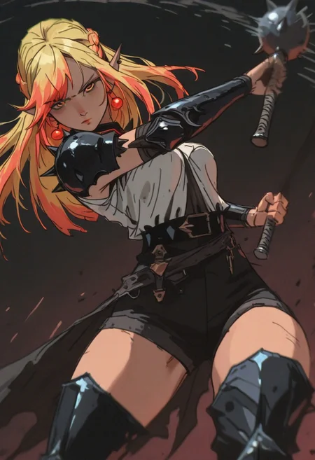 masterpiece, amazing quality, absurdres, 4ur4_illu, fl4tgr1t, sketch, dark_fantasy_style, dark fantasy, retro,
(Girl:0.0), 1girl, (solo), yellow hair, half up braid, straight hair, multicolored hair, swept bangs,
orange eyes, ultra-detailed anime eyes, round eyes, pointed ears, earrings, ear piercing, breasts,
dark spiked armored outfit, white shirt, black shorts, black belt, thigh-high boots,
(Pose:0.0), ((looking at viewer)), standing, (swinging mace), motion blur,
(Emotion:0.0), determined, serious,
(Scene:0.0), cowboy shot, dutch angle, from front, dynamic pose, simple background, depth of field, foreshortening,