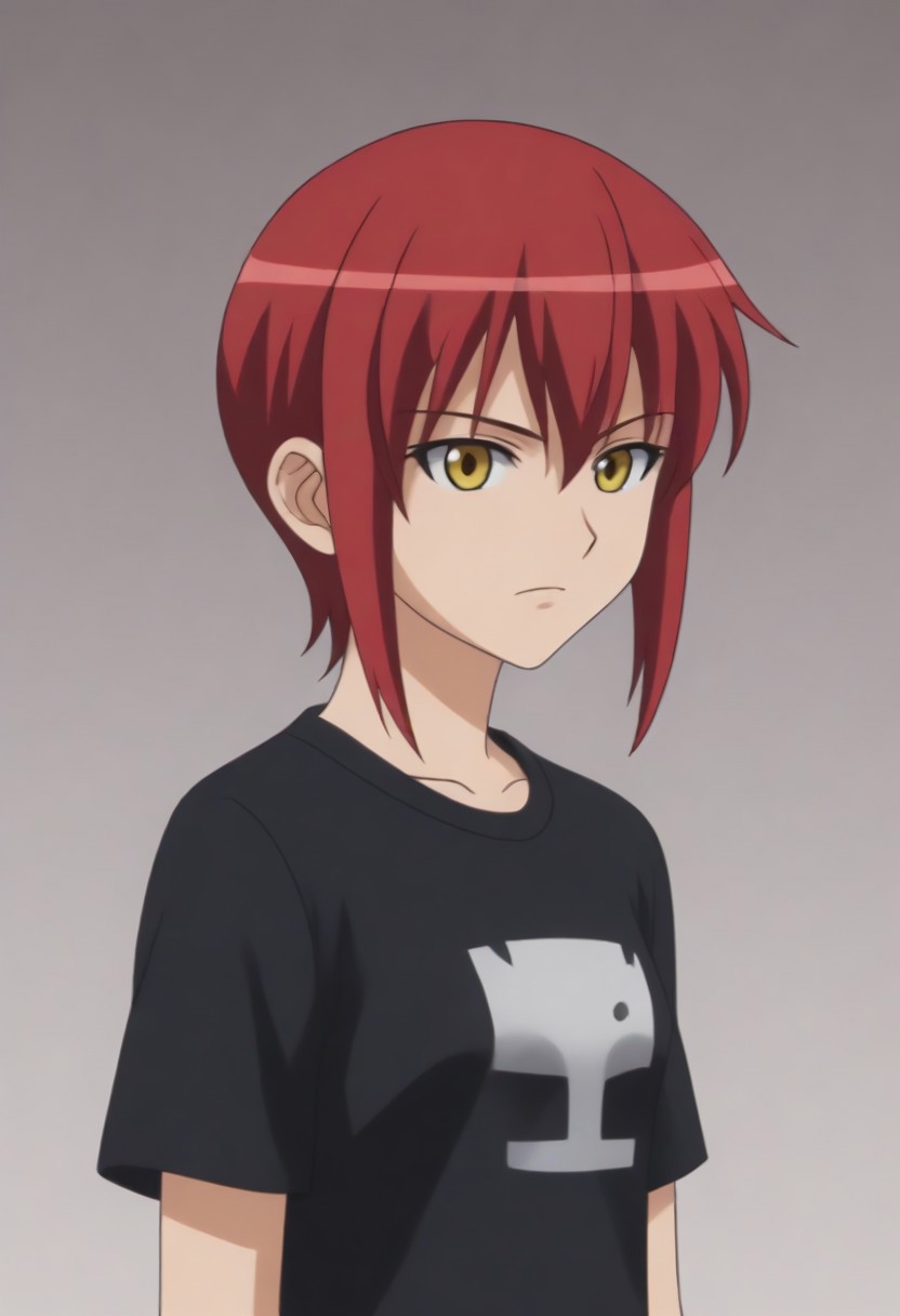 source_anime, anime screencap, source_anime, auratheguillotine, anime screencap, masterpiece, source_anime, shiny skin,,,,,,black t-shirt,1girl, solo, rza, red hair, yellow eyes,