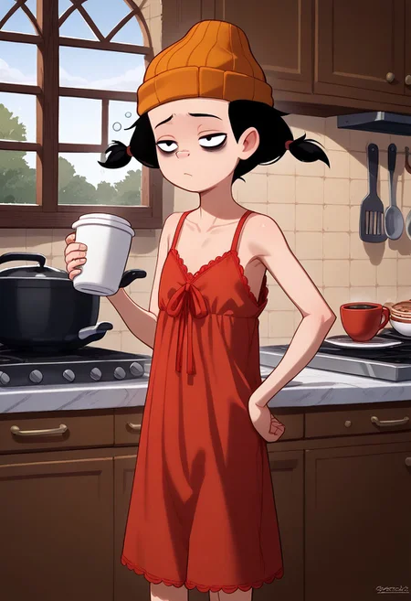 1girl, solo, orange beanie, black eyes, black hair, twin pigtails, wear only oversized negligee,, loose clothes, holding a cup of coffee in hand, one hand on hip, sleepy eyes, bags under eyes, loose clothes, Perfect Hands, Expressiveh, no shirt, , zPDXL, flat chest,kitchen,window,