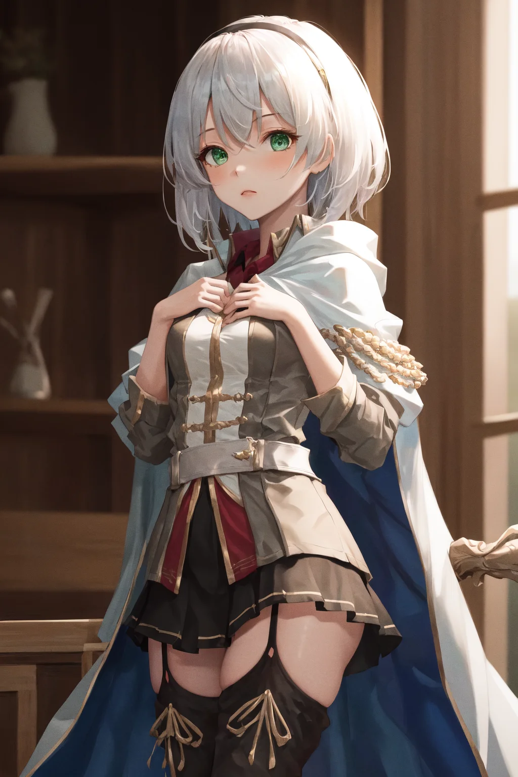 masterpiece, best quality, highres, 1girl amnesia green eyes short hair, white cape black skirt pleated skirt white jacket red shirt garter straps black thighhighs thigh boots <lora:amnesia:1> standing, (hand on own chest : 1.6)