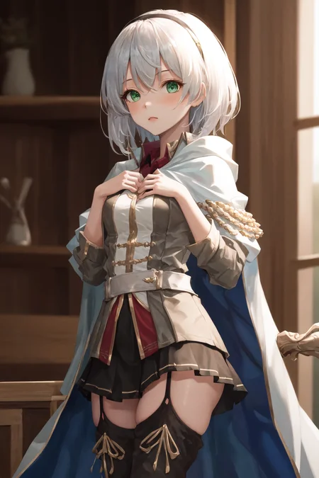 masterpiece, best quality, highres, 1girl amnesia green eyes short hair, white cape black skirt pleated skirt white jacket red shirt garter straps black thighhighs thigh boots <lora:amnesia:1> standing, (hand on own chest : 1.6)