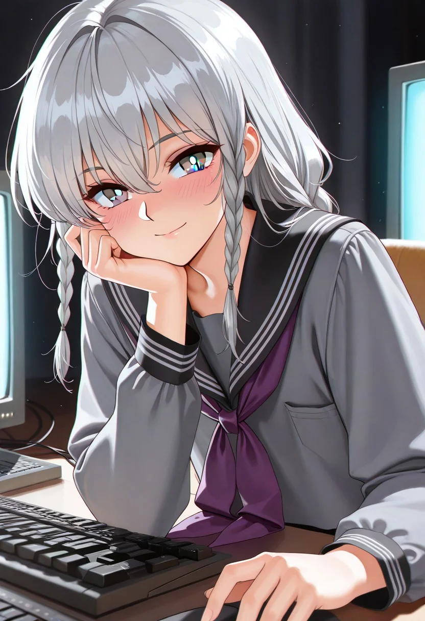 masterpiece, best quality, very aesthetic, absurdres, 
1boy, upper_body, vanillaware, retro_artstyle, white_pupils, grey_eyes, silver_hair, long_hair, low_twin_braids, bangs, hair_between_eyes, eyebrows_visible_through_hair, school_uniform, serafuku, purple_neckerchief, blouse, grey_shirt, black_sailor_collar, long_sleeves, closed_mouth, androgynous, crossdressing, otoko_no_ko, head_rest, elbow_rest, smile, blush, sitting, looking_at_viewer, non-humanoid_robot, computer, keyboard_\(computer\), crt, 
az-ys-il