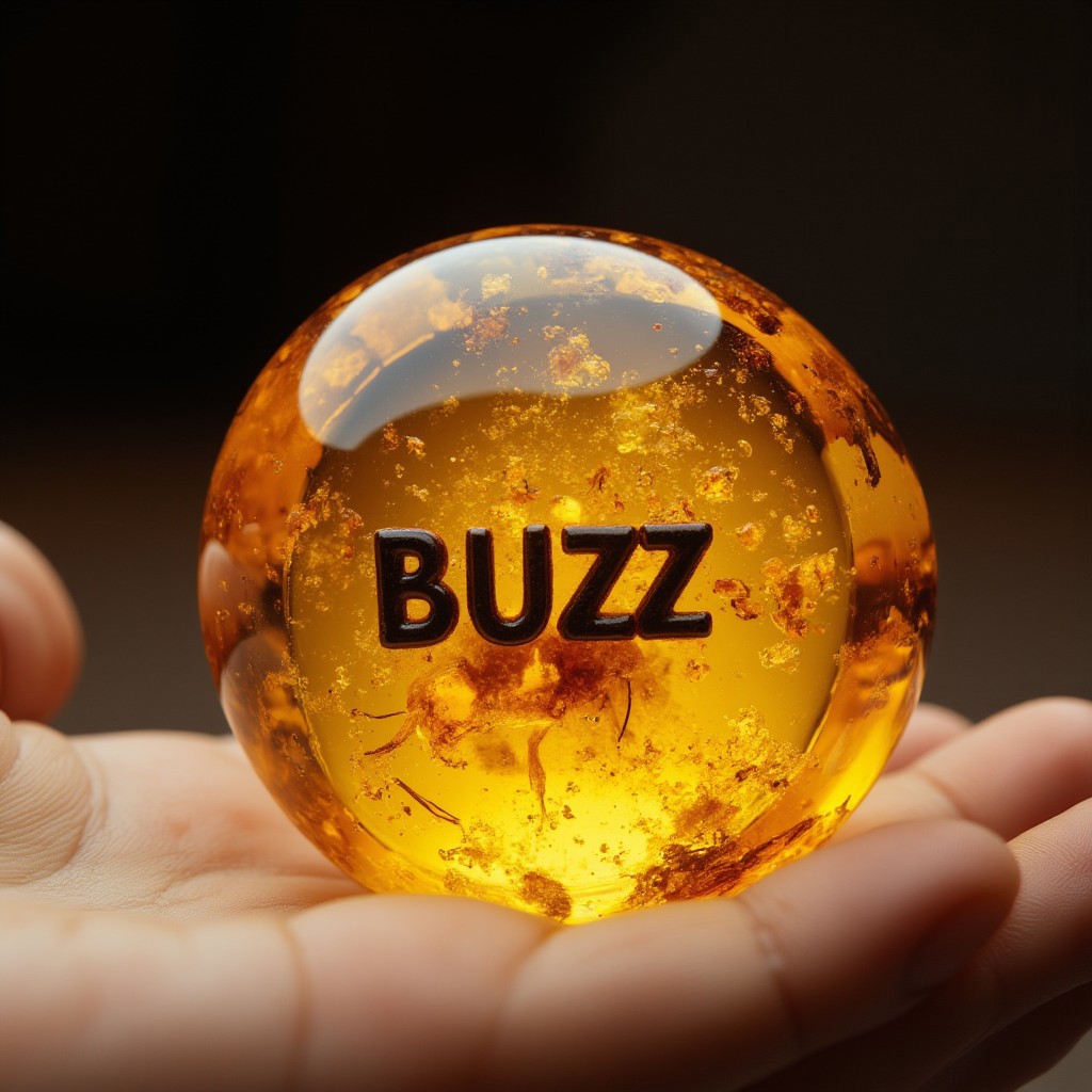 improved cinematic photo, 35mm photograph, film, professional, 4k, highly detailed, aidmaMJ6.1,
An amber fragment enclosing the word "BUZZ",
The amber fragment is a smooth, slightly irregular sphere, roughly the size of a marble, with a warm golden-brown hue. Its surface is polished, gleaming softly under light, revealing a mesmerizing play of golden, honey, and orange tones. Tiny air bubbles and organic inclusions are scattered throughout, lending it a sense of antiquity and natural complexity.
Inside, the word "BUZZ" is suspended in the middle of the gem, its delicate body encased in the translucent amber.
The gem is held atop an open hand.