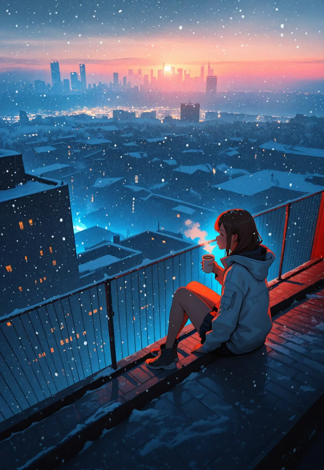 1girl, anime style, sitting, steamy breath, rooftop sky park, twilight, cyberpunk skyline, NYC, dangling legs, hot coffee, glowing city lights, soft snowfall,snowing, snow flurries, soft holograms, stormy sky, peaceful, cozy atmosphere, modern aesthetic, magical realism, makoto shinkai style, cinematic lighting, volumetric lighting, photo background, ultra-detailed, absurdres, highres, hdr, 8k, masterpiece, best quality, very aesthetic, newest, wide shot
BREAK, volumetric lighting, dappled light, light particles, , cinematic lighting, photo background,
easynegative, negative_hand,sykosanART , 748cmstyle