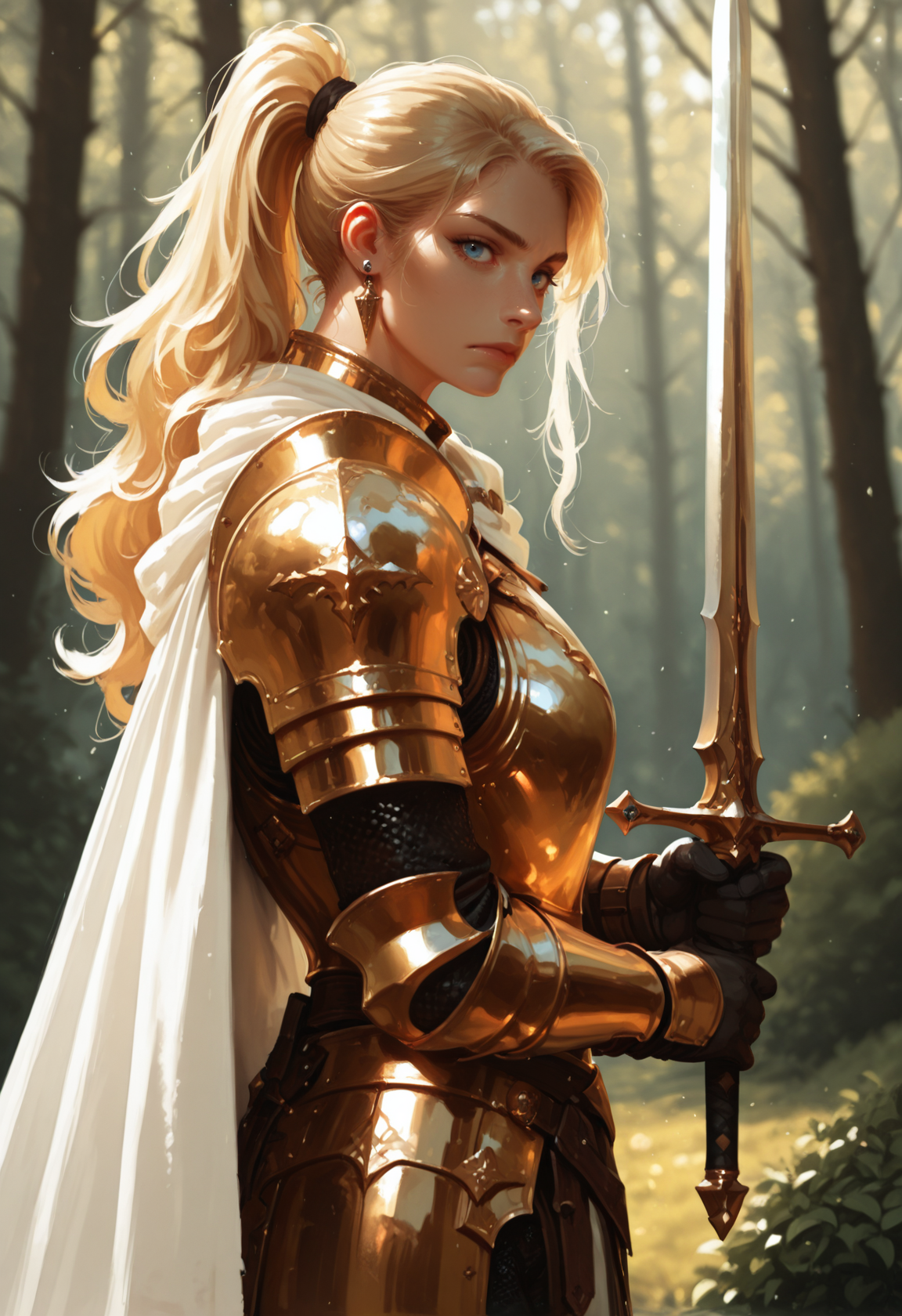 1girl, weapon, armor, sword, blue eyes, holding weapon, solo, blonde hair, holding sword, looking at viewer, cape, holding, forest, long hair, white cape, nature, shoulder armor, ponytail, gold armor, gloves, breastplate, outdoors, nose, pauldrons, tree, from side, blurry background, closed mouth, blurry, knight, bush, plate armor, wavy hair, vambraces, black gloves, gauntlets, upper body, standing, faulds, two-handed, earring, reflection, <lora:Detailer_NoobAI_Incrs_v1:0.75>, masterwork, masterpiece, best quality, dynamic lighting , dynamic pose,,  dynamic angle, , , (realistic:1.2), (lineless:1.2), detailed,  , aged up, adult, depth of field, dynamic lighting, blurry, cheekbones, <lora:zy_illustrious_Realism_Enhancer_v1:0.75>