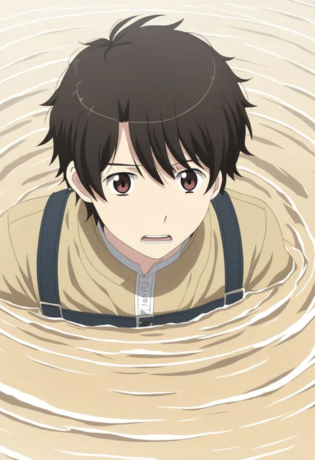 high resolution, solo, best quality, 1Boy, Inaho Kaizuka, Black Hair, Brown Eyes, panic, trapped, quicksand, dying, OverallDetail