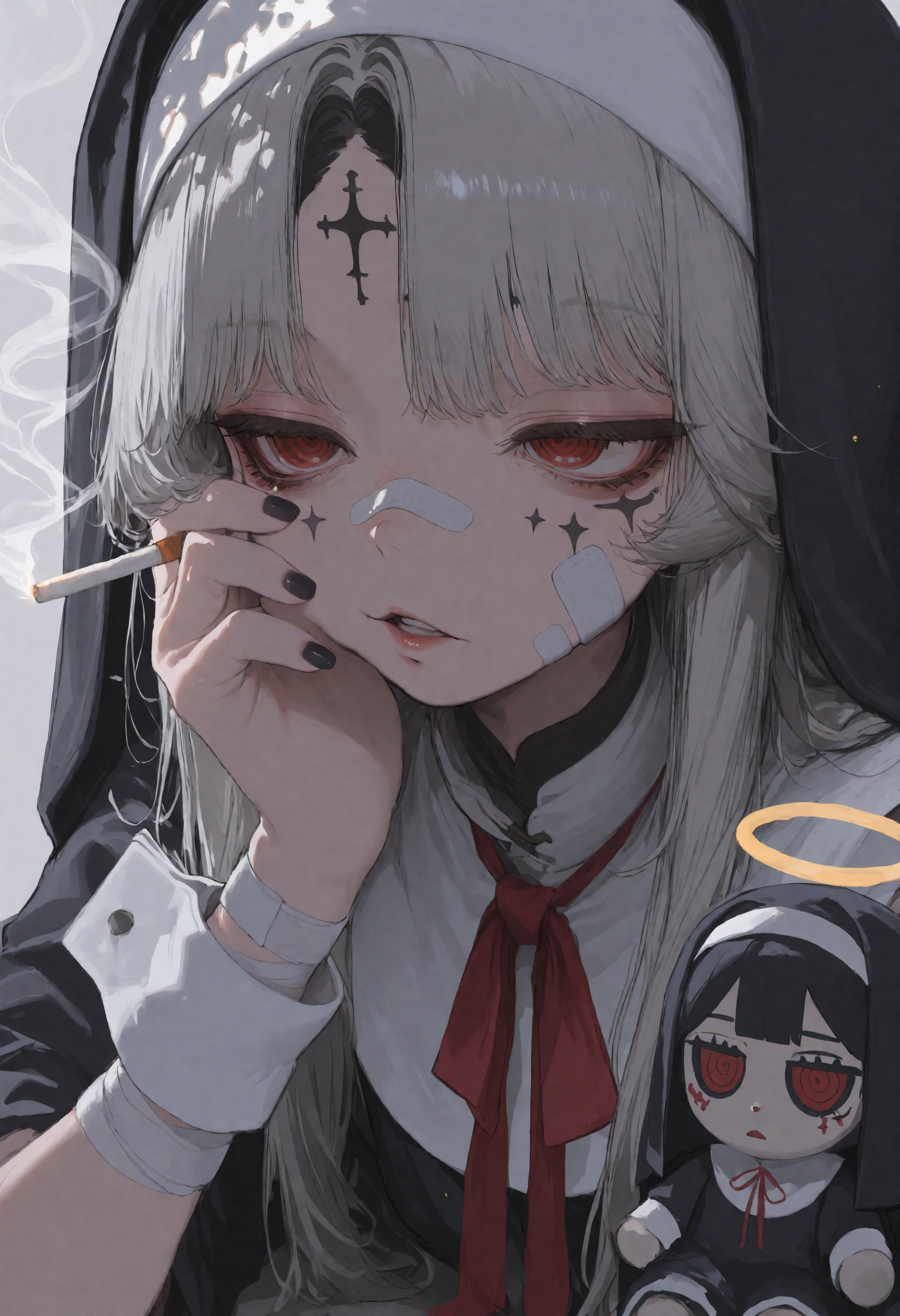 masterpiece, best quality, newest, absurdres, highres, very awa, anime screencap, no lineart:1.3, sketch, foreshortening, ambient occlusion, depth of field, simple background, grey background, ethereal glow, ethereal particles, dappled light, bandaid on face, red eyes, black nails, 1girl, bandaid, forehead mark, facial mark, halo, sideways, bandaid on cheek, bandages, nun, solo, grey hair, habit, ribbon, wrist cuffs, long hair, nail polish, shirt, neck ribbon, red ribbon, bandaid on nose, hand on own face, ringed eyes, parted lips, artist name, holding cigarette, smoke, black hair, doll, bandaged arm