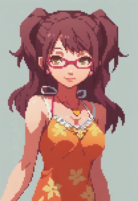 score_9, score_8_up, detailed, absurdres, extreme_quality, anime style, portrait, upper body portrait, slight side angle, medium breasts, rpg portrait, rpg, portrait, , shadow, plain background, light grey background, , upper body focus, face focus, looking at viewer, slight smile, p4rise, kujikawa, rise, twintails, long hair, brown hair, pink earrings, glasses, pink-framed eyewear, p4rise-sumcas, heart necklace, pendant, dress, short dress, orange dress, halterneck, spaghetti straps, flower print,