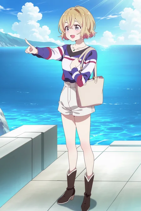 anime screencap, anime coloring, detailed face, masterpiece, best quality, very aesthetic, absurdres, volumetric lighting, official style, amazing quality, ultra detailed, highres, amazing quality, scenery, beautiful detailed hair, beautiful detailed eyes,
outdoors, ocean,
<lora:Mami_Nanami_Rent-A-Girlfriend:1>
Mami Nanami (character), 1girl, bag, boots, handbag, open mouth, blue eyes, shorts, pointing, blonde hair, jewelry, short hair, striped shirt, necklace, solo, smile, full body shot