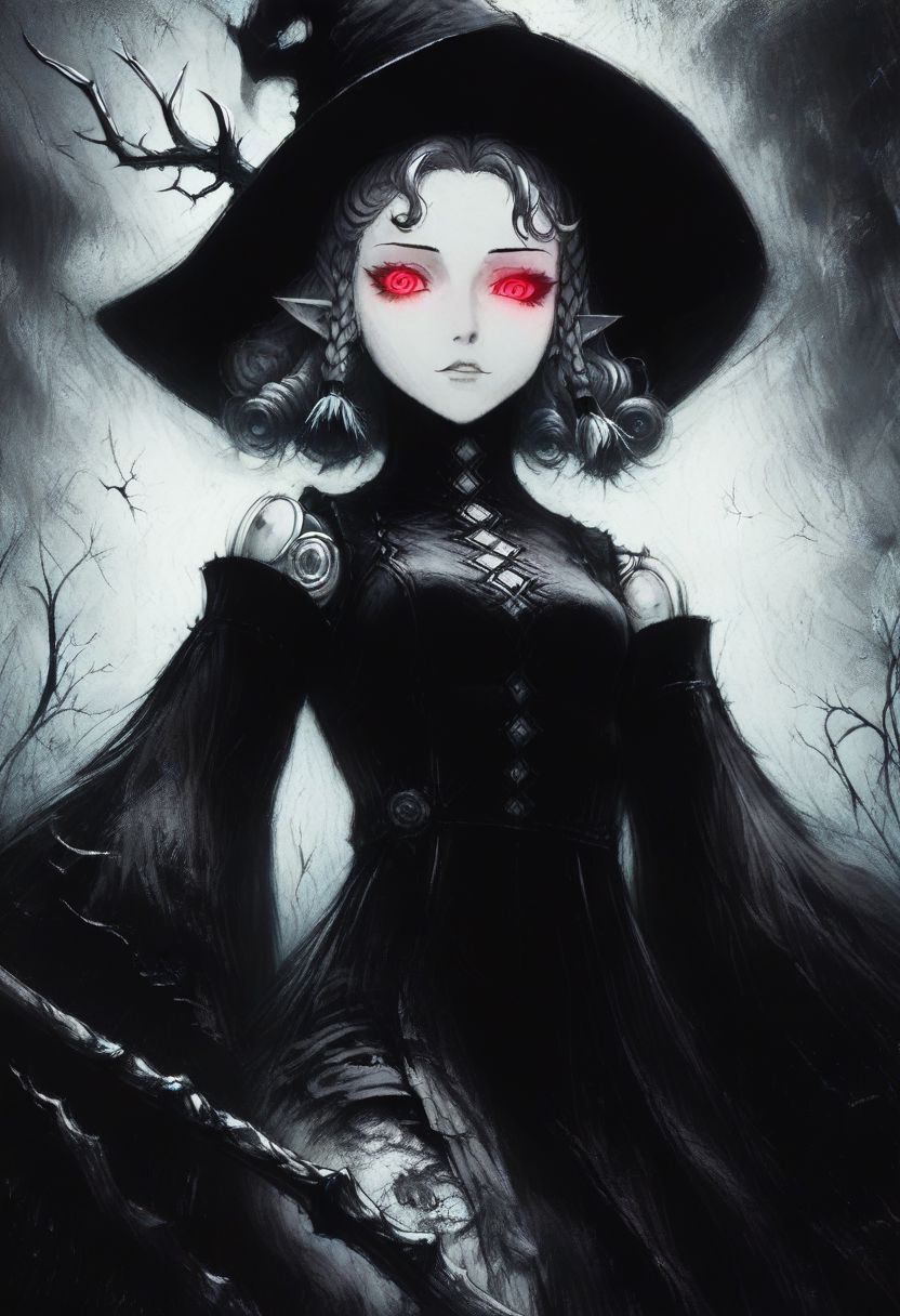 score_9, score_8_up, score_8, solo, (cute:0.8), (feral), agratsmtvv, curly hair, grey hair, twin braids, colored skin, grey skin, red eyes, pointy ears, witch hat, black dress, detached sleeves, black wings, doll joints, (fluffy cheeks:0.7), (intrincate dress), red eyes, glowing eyes, look at viewer, (solo:2), j_cartoon, low angle view, aesthetic, dramatic angle, unique perspective, unique angle, night, dark, (antlers), staff, hand inviting viewer, (cruel expression), CharcoalDarkStyle,