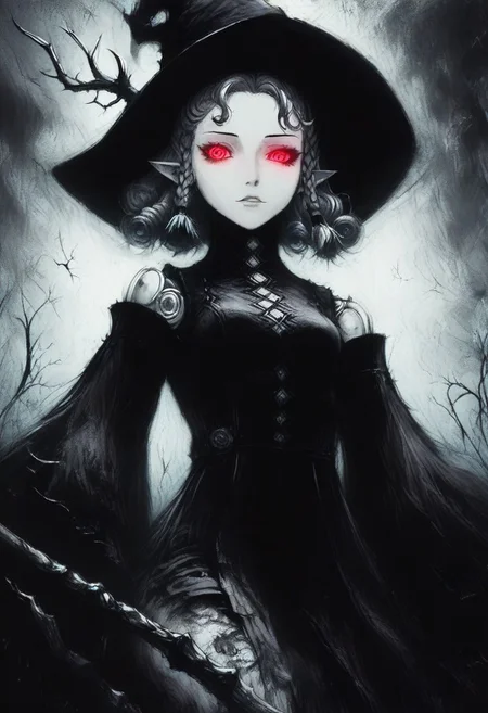 score_9, score_8_up, score_8, solo, (cute:0.8), (feral), agratsmtvv, curly hair, grey hair, twin braids, colored skin, grey skin, red eyes, pointy ears, witch hat, black dress, detached sleeves, black wings, doll joints, (fluffy cheeks:0.7), (intrincate dress), red eyes, glowing eyes, look at viewer, (solo:2), j_cartoon, low angle view, aesthetic, dramatic angle, unique perspective, unique angle, night, dark, (antlers), staff, hand inviting viewer, (cruel expression), CharcoalDarkStyle,