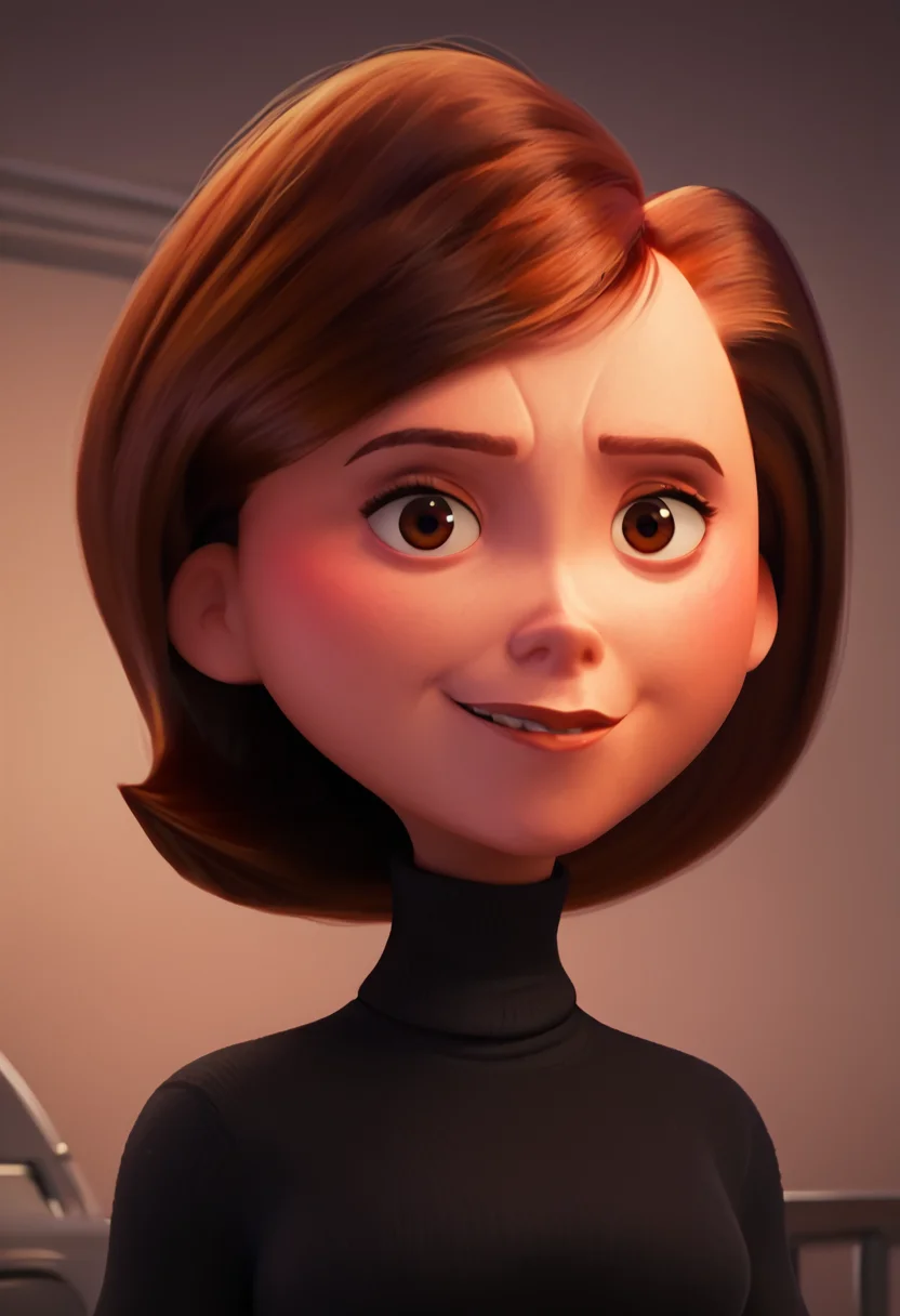 <lora:HelenParrPony1.1_r1:1>, score_9, score_8_up, score_7_up, score_6_up, score_5_up, score_4_up, looking at viewer,helen parr, brown hair, 1girl, solo, short hair, brown eyes, smile, upper body, looking at viewer, black turtleneck
