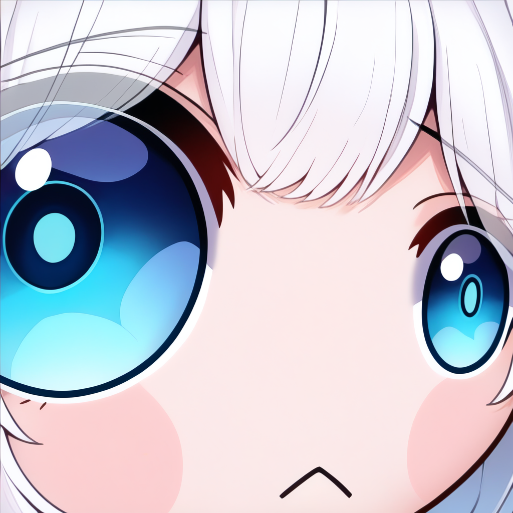masterpiece, best quality, newest, absurdres, highres, eye focus, close-up, portrait,  <lora:StareMeme_illusXLNoobAI_Incrs_v1-000008:1>, blue eyes, white hair, short hair, :<, frown, triangle mouth