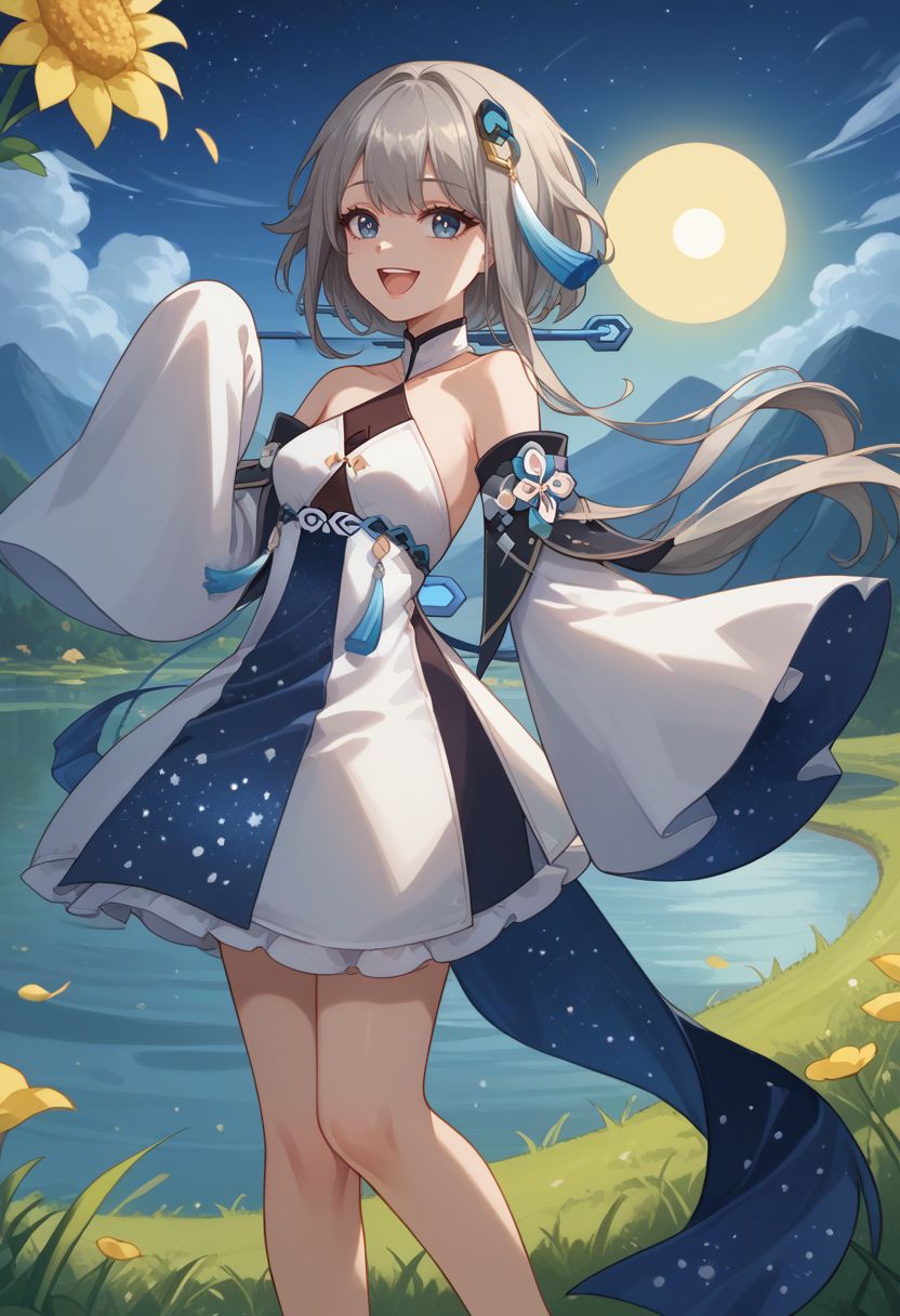 score_9, score_8_up, score_7_up, source_anime, 1girl, guizhongdef, blue eyes, grey hair, long hair, sidelocks, hair ornament, tassel hair ornament, small breasts, bare shoulders, detached sleeves, wide sleeves, long sleeves, sleeves past fingers, white dress, halterneck, chinese clothes, starry sky print, tassel, anklet, smile, open mouth, standing, waving, looking at viewer, outdoors, lake, grass, sun, from side, <lora:Guizhong_v1-000010:1>