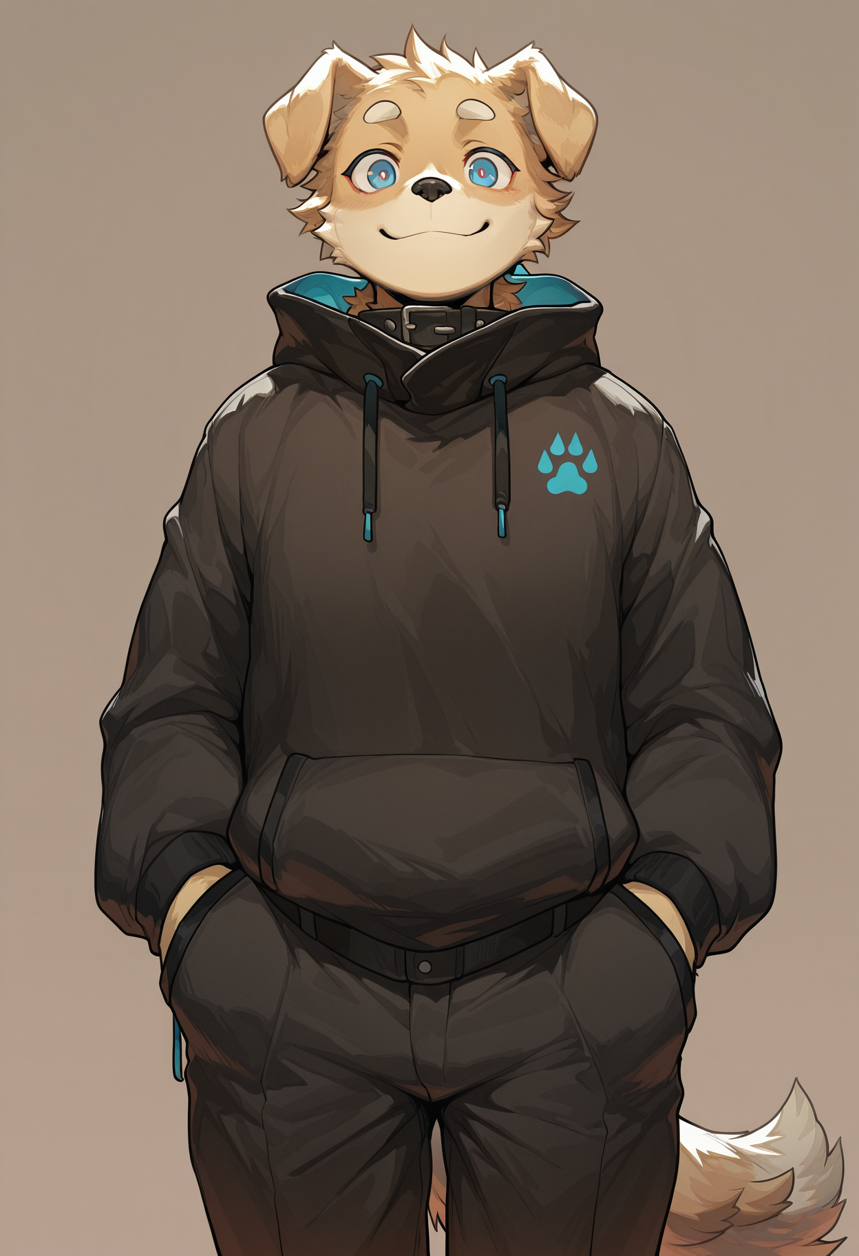solo , furry male,dog boy,standing,looking at viewer,smile, cowboy shot
,simple background, masterpiece,best quality,amazing quality, milkybot
