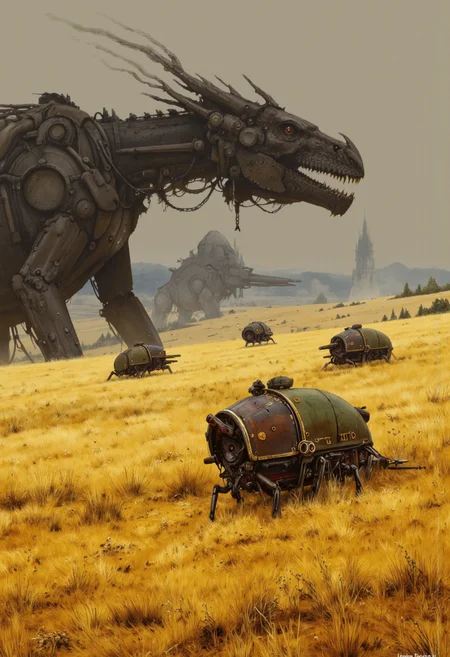 By Jakub Rozalski Rolling golden meadows where dwarven farmers herd giant beetles fitted with harnesses and mechanical seed cannons, while an immense clockwork dragon casts a shadow over the land, a silent guardian or a distant threat. Created in the atmospheric, mist-laced tones of Rozalski, with fantasy detailing echoing classic Tolkien illustrations and hints of early 20th-century industrial aesthetics.