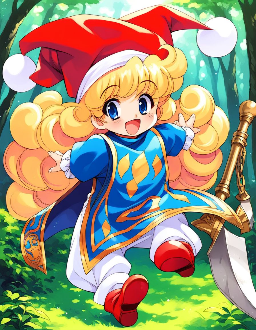 score_9, score_8_up, score_7_up, source_anime, rating_explicit, BREAK  <lora:Charlotte_seiken_densetsu3_XL:1>
Charlotte_seiken, 1girl, blonde hair, solo, hat, forest, 
full body, long hair, blue eyes, open mouth, retro artstyle, curly hair, smile, jester cap, holding, weapon, red footwear, blue long sleeves, tabard,