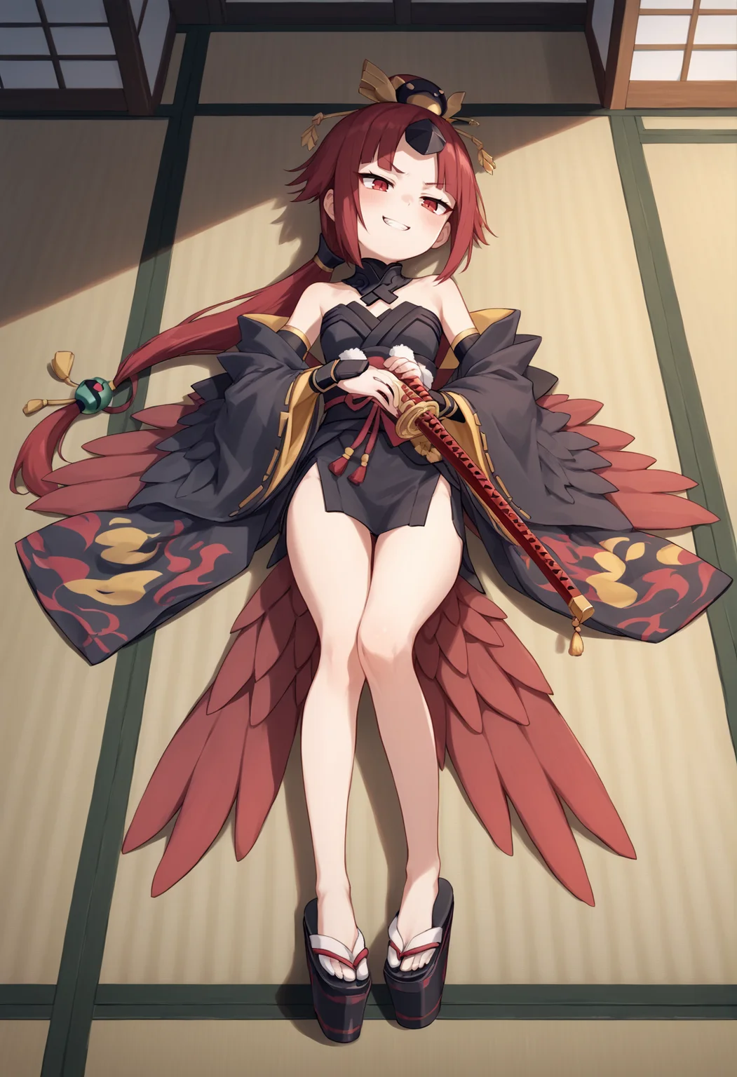 1girl, red eyes, red hair, long hair, folded ponytail, single horn, hair ornament, japanese clothes, black clothes, detached sleeves, Strapless Dress, feathers, platform footwear, age progression, laying, on back, blushing, smug, mesugaki, teeth, full body, indoors, japanese house, holding katana, scabbard, side slit, bare leg <lora:Dechi:1>, score_9, score_8_up, score_7_up, score_6_up, score_5_up, score_4_up, BREAK source_anime, masterpiece