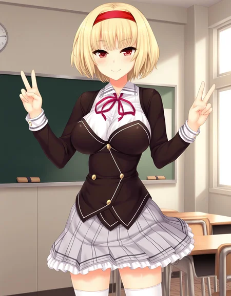 masterpiece, best quality, amazing quality, ultra detailed, <lora:add-detail-xl:1>, good anatomy, good hand, high saturation
BREAK <lora:Lucia Of End Nora to Oujo to Noraneko Heart (HARUKAZE):1> Lucia Of End, blond hair, short hair, red eyes, hairband,
BREAK outfit01, black bolero, black long sleeves, white cuffs, black bustier, white line trimmed bustier, 4 buttons, white collared shirt, red loop tie, gray skirt, pleated skirt, frill trimmed skirt, red hairband, white thighhighs, zettai ryouiki,
BREAK 1girl, cowboy shot, standing, hands up, double v, smile, in school, classroom,