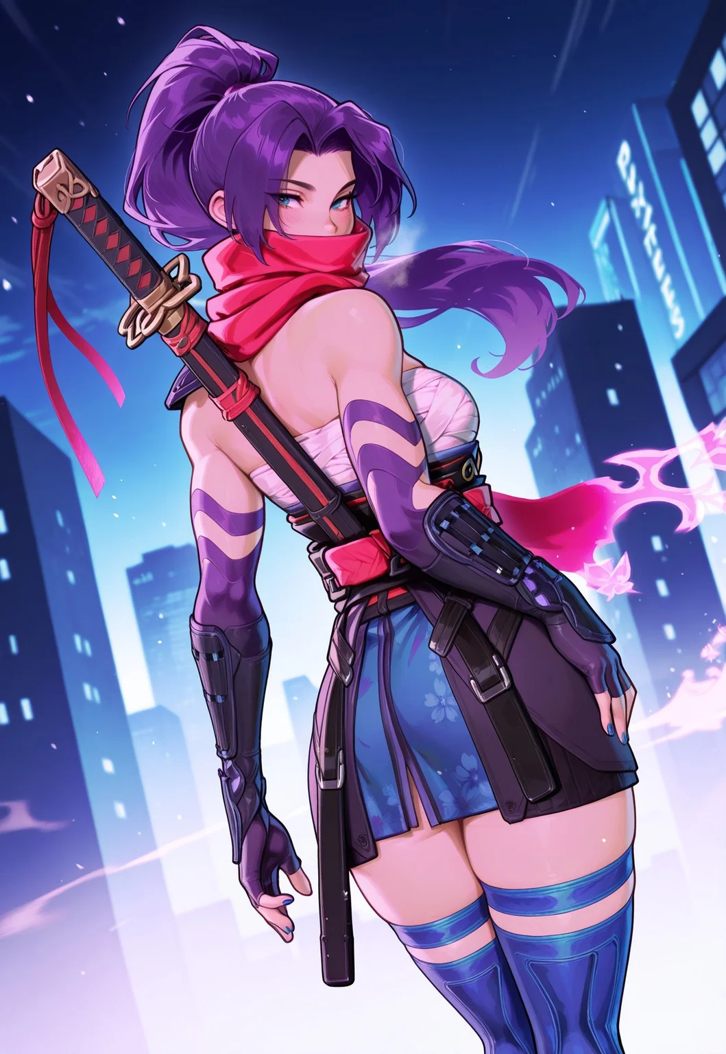 masterpiece, best quality, very aesthetic, high resolution, ultra-detailed, absurdres, newest, 1girl, psylocke_mvr, blue eyes, purple hair, high ponytail, parted bangs, long hair, red scarf, scarf over mouth, japanese clothes, chest sarashi, kimono, sash, red belt, obi, single shoulder pad, fingerless gloves, arm guards, nail polish, blue nails, blue thighhighs, sheath, weapon on back, dynamic pose, dynamic angle, futuristic Tokyo, night, (blushyspicy:0.1), pose, looking back, detailed, super high resolution, masterpiece, best quality, ultra detailed, delicate face, perfecteyes, anime,