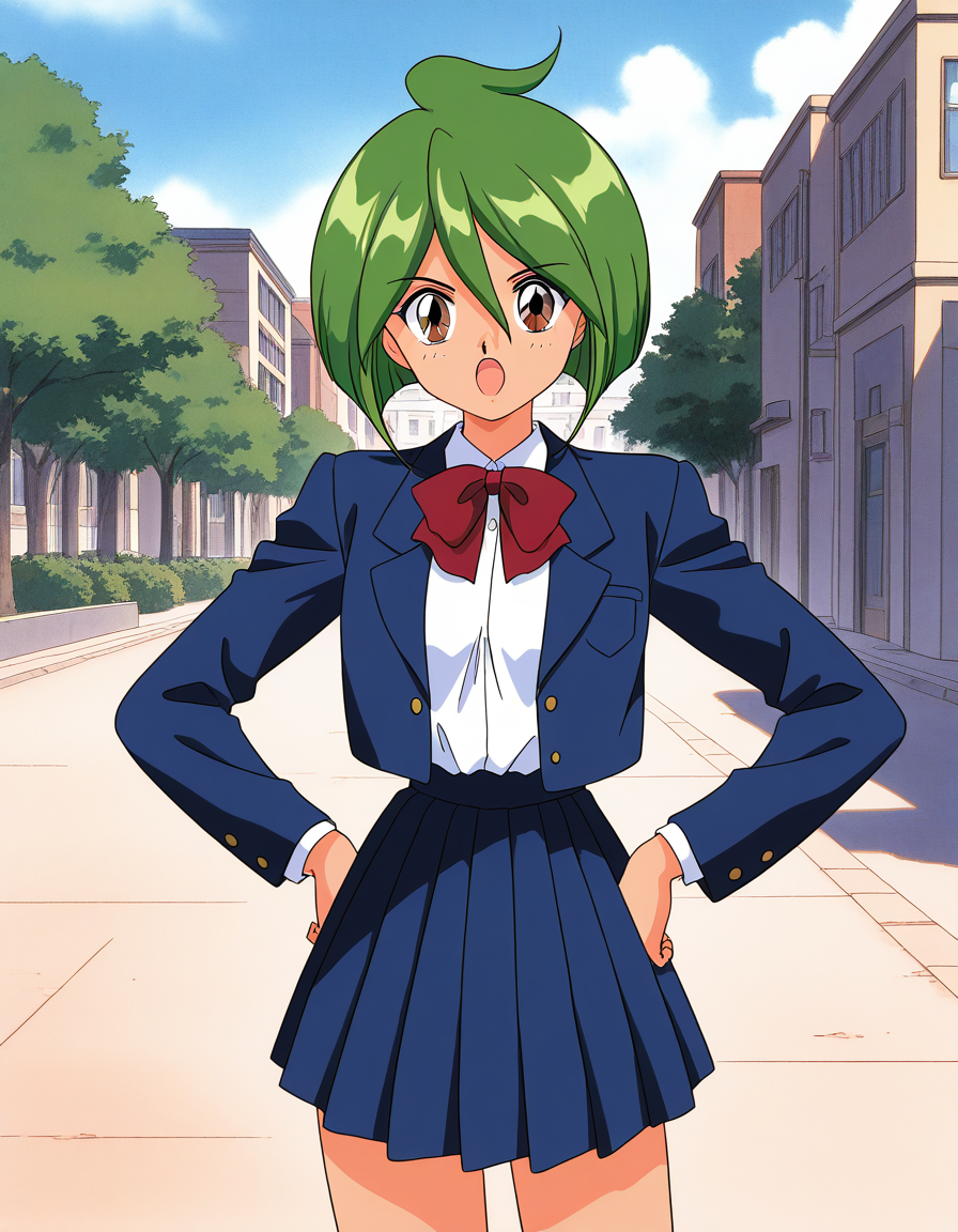general,highres, ultra-detailed,very aesthetic,best quality ,best hands,  BREAK <lora:Tamano_Hinagiku_IS:1> Tamano_Hinagiku, 1girl,solo, green hair, short hair, brown eyes, hair between eyes, 1990s (style),anime coloring,
solo, hands on hips, skirt, shirt, bow, open mouth, school uniform, jacket, white shirt, red bow, blue jacket, looking at viewer, pleated skirt, 
bowtie, blue skirt, long sleeves, retro artstyle, red bowtie, blazer, bangs, 1990s (style), open jacket, open clothes, collared shirt, cowboy shot, bob cut, ahoge
city, outdoor, day, sky,