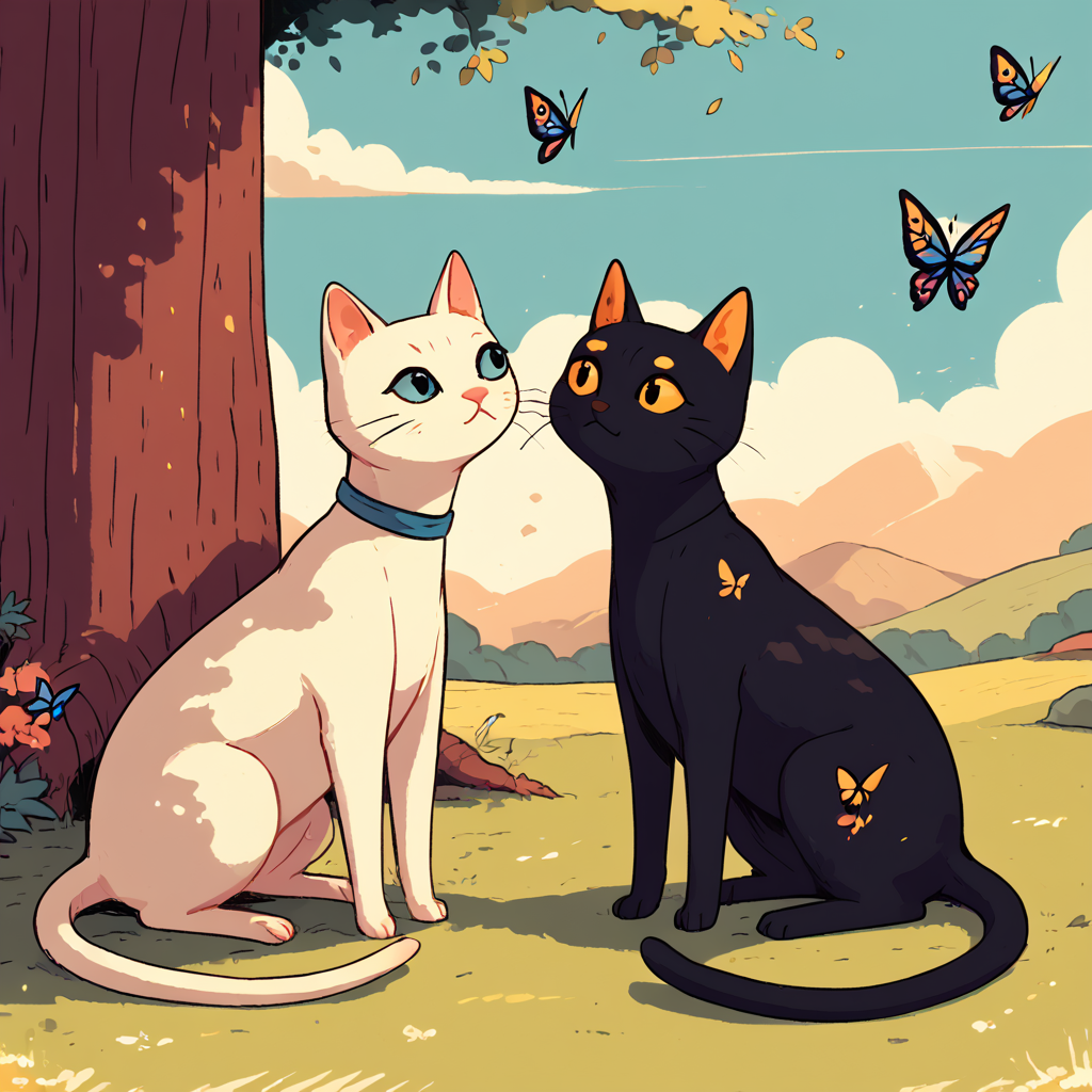 TarotArtStyleCats, outdoors, butterfly, simple art style <lora:ArtStyleCats:1>