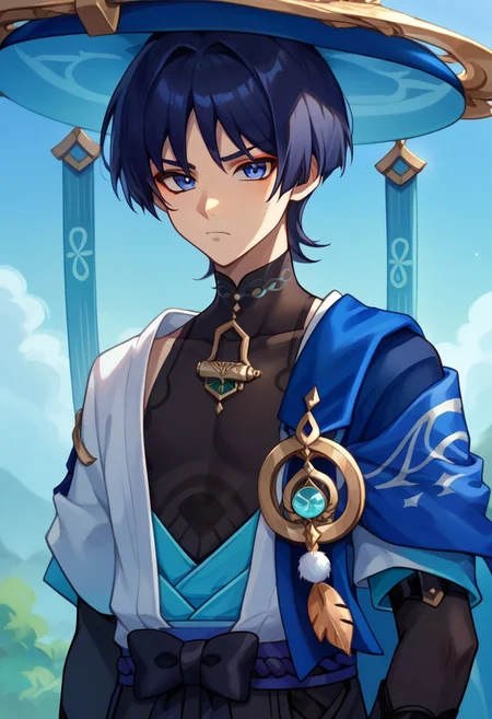 score_9, score_8_up, score_7_up, source_anime, highly detailed,
scaramou, 1boy, male focus, solo, indigo hair, shirt hair, bangs, indigo hair, japanese clothes, hat, blue headwear, jingasa, kurokote, mandarin collar, shirt, black shirt, sleeveless, vest, blue vest, open vest, cape, blue cape, frown, looking at viewer,
outdoor,