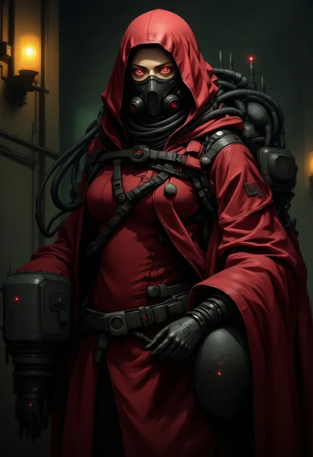 nistyle, Adeptus Mechanicus Warhammer 400000, Female Mechanicus, dark toned color scheme, techno-priest, Warhammer 40k, 1girl, black respirator mask, eyelashes, intense gaze, pale skin, scars, digital Illustration, rough texture dark red loose robe, red hood with ornate clasps, corrugated tubes, machine oil stains, mechanical arm, face smudged, sleeves dirty, cybernetic implants, glowing eyes, detailed eyes, C0NTR4CT0R, gothic architecture, industrial architecture, dark aesthetic, cinematic lighting, dynamic composition, masterpiece, high quality, dramatic shading, insane details, perfect quality