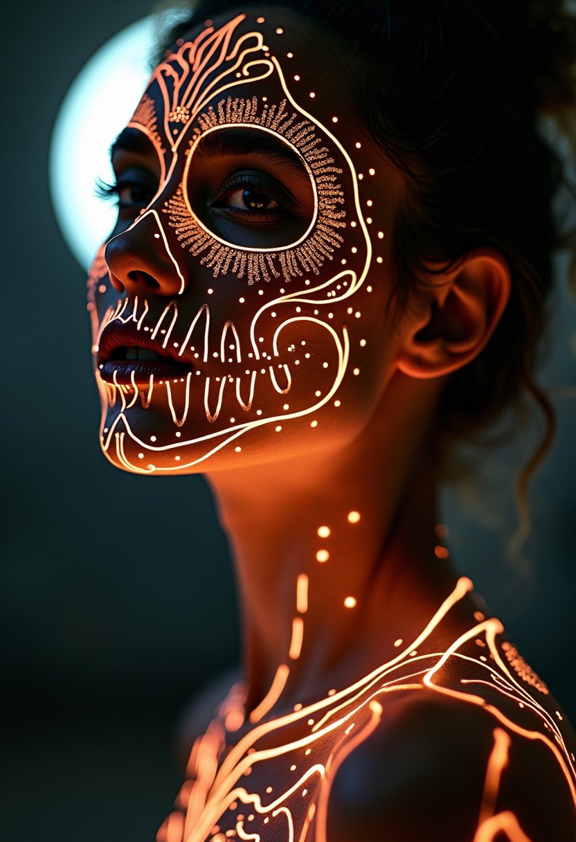 Glowing woman casting a warm light, giving the picture a luxurious shade, The image is a vibrant with intricate lines, the colour scheme is dominated by almost translucent white moonlight, 
 a human figure with face paint in the style of a skull in a clack circle intersected by several line, lean and agile, acrobatic, portraying the agility and strength of an athletic body, cinematic photography, highest quality, beyond the black rainbow into the dark portal,
 These designs include intricate patterns around her eyes
