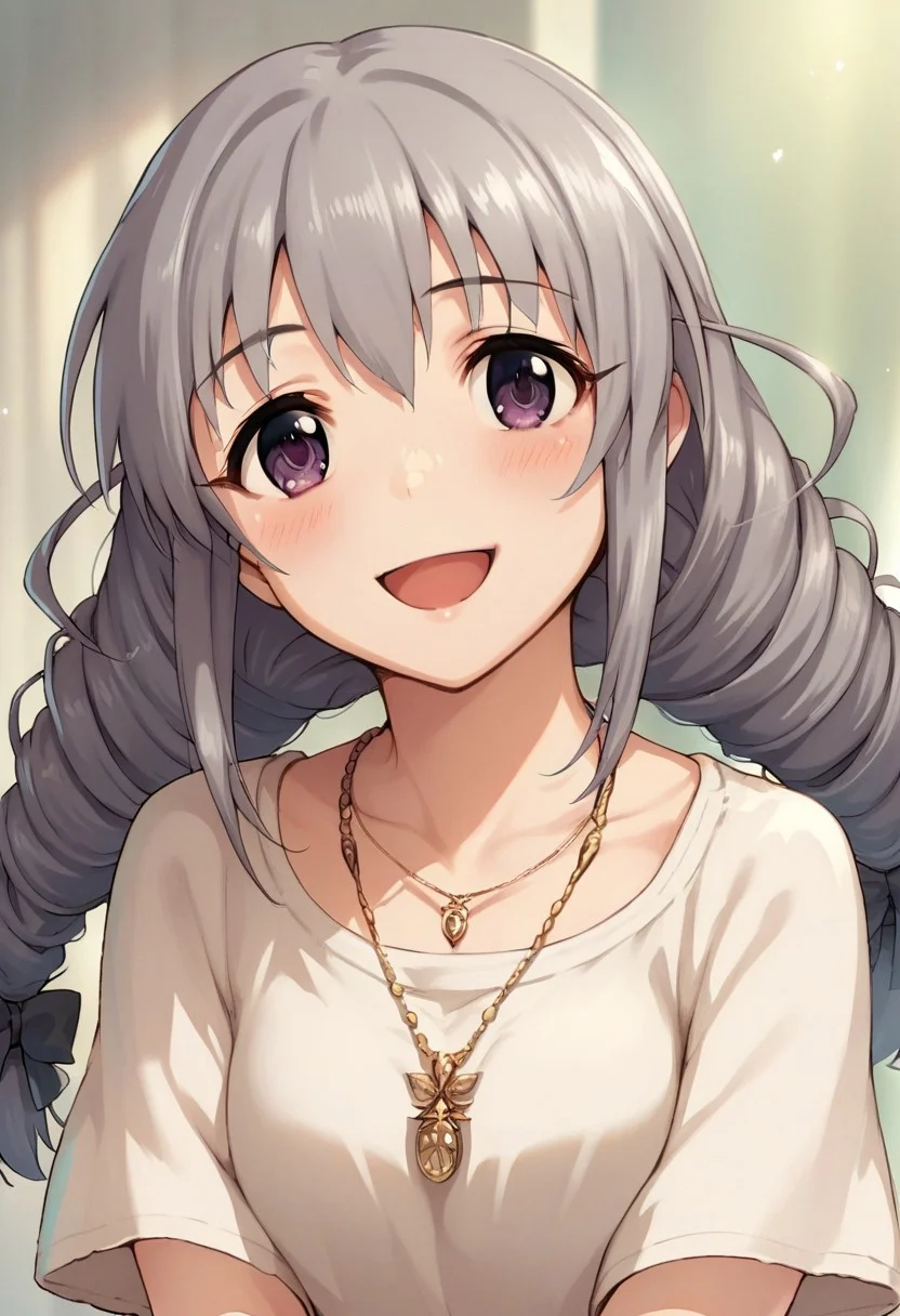 score_9, score_8_up, score_7_up, source_anime,sakakibara satomi, grey hair, long hair, purple eyes, twintails, 1girl, jewelry, braid, necklace, twin braids, smile, open mouth, blush