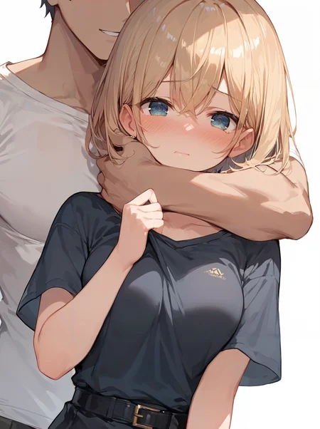 score_9, score_8_up, score_7_up,source_anime, high res image,masterpiece,best quality,(girl:1.0),cute face,clear skin,shiny hair,ultra detailed eyes,simple background, <lora:ntr_pony_V1.0:0.8> ntr, netorare, blush, 1boy, grabbing from behind,grabbing face