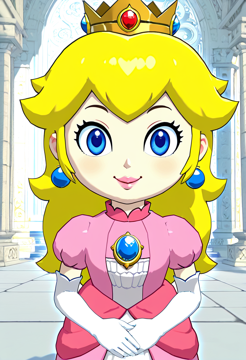 masterpiece, best quality, solo, 1girl, chibi, 3d, Princess Peach, pink dress, blonde hair, blue eyes, long hair, crown, gem, white gloves, puffy sleeves, short sleeves, smiling, looking at viewer, cowboy shot, cute pose, soft lighting, vibrant colors, elegant dress folds  â Standing in a graceful pose, Princess Peach smiles warmly at the viewer, her sparkling blue eyes full of charm and innocence. Her chibi form is brought to life with soft 3D shading that gives depth to her flowing pink gown, each fold catching the light like delicate silk. Puffy sleeves hug her upper arms, while her white gloves gleam against the pastel tones of her dress. Her golden hair cascades in gentle waves behind her, the iconic crown perched atop her head catching the glint of ambient light. The polished gem on her chest reflects subtle hints of color, grounding her elegant presence in a fairytale-like world. Every detail radiates classic Nintendo magic with a high-quality, stylized finish.     <lora:WindWakerStyle_NAI:1.0>,