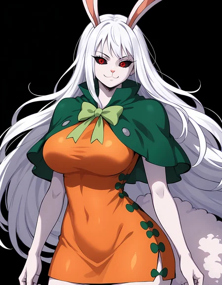 <lora:Carrot_3_Outfits__Sulong_Form-000012 new:1>carr0t
sulong-form, long white hair, red eyes, black sclera, zou-outfit, 1girl, large breasts, orange sleeveless dress, green capelet
standing, simple black background, red eyes, black sclera, smile, closed mouth, large breasts, long hair