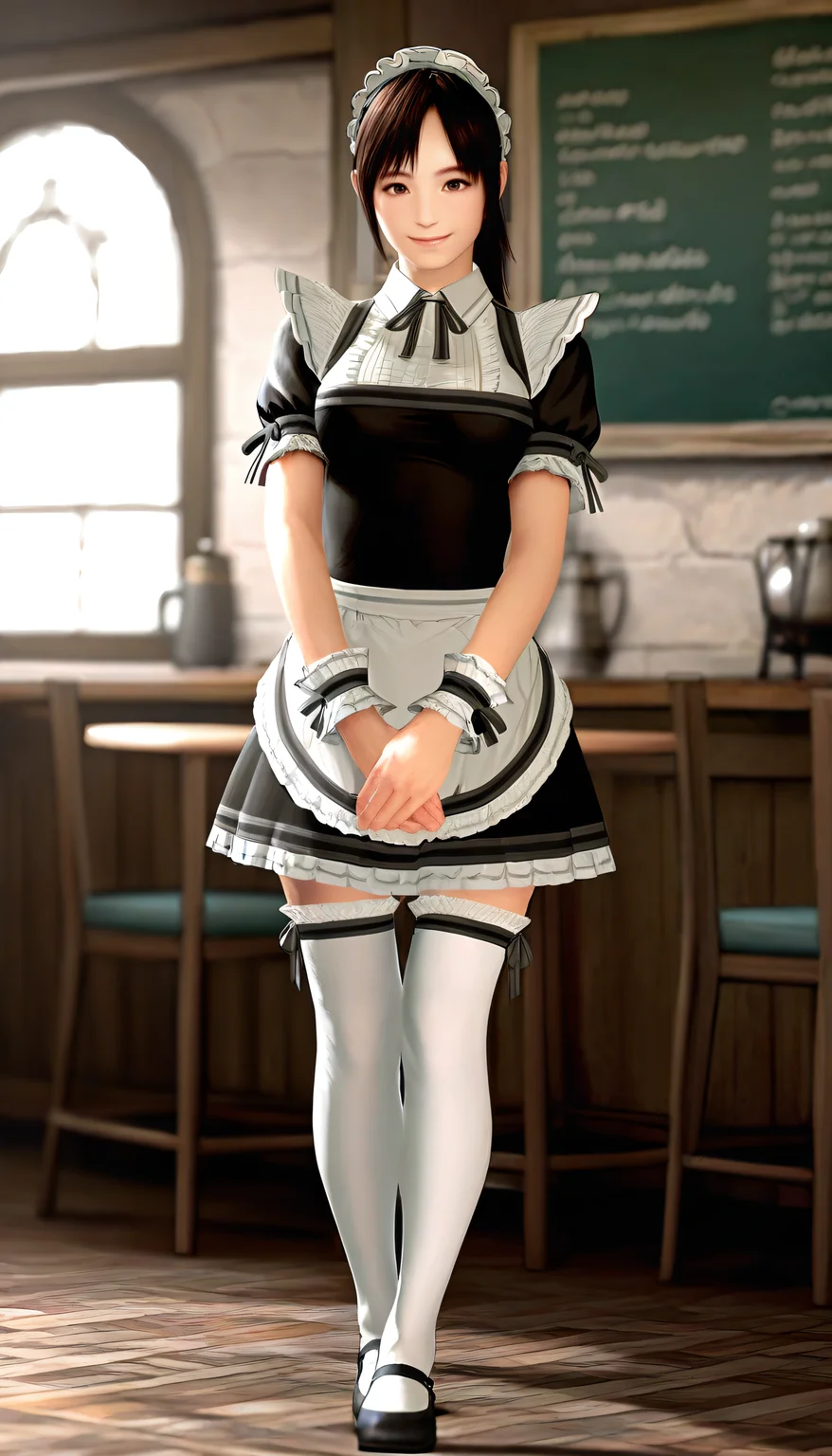 masterpiece,best quality,amazing quality,
<lora:miiyamotohikariNAI:1>,miiyamotohikari,realistic,
1girl,solo,black hair,ponytail,bangs,brown eyes,black maid clothes,maid headdress,wrist cuffs,black bowtie,black ribbon,white thigh highs with trim,standing,clasped hands,full body,flowing hair,smile,looking at viewer,reaching out,indoors,cafe,pub,day,soft lighting,depth of field,