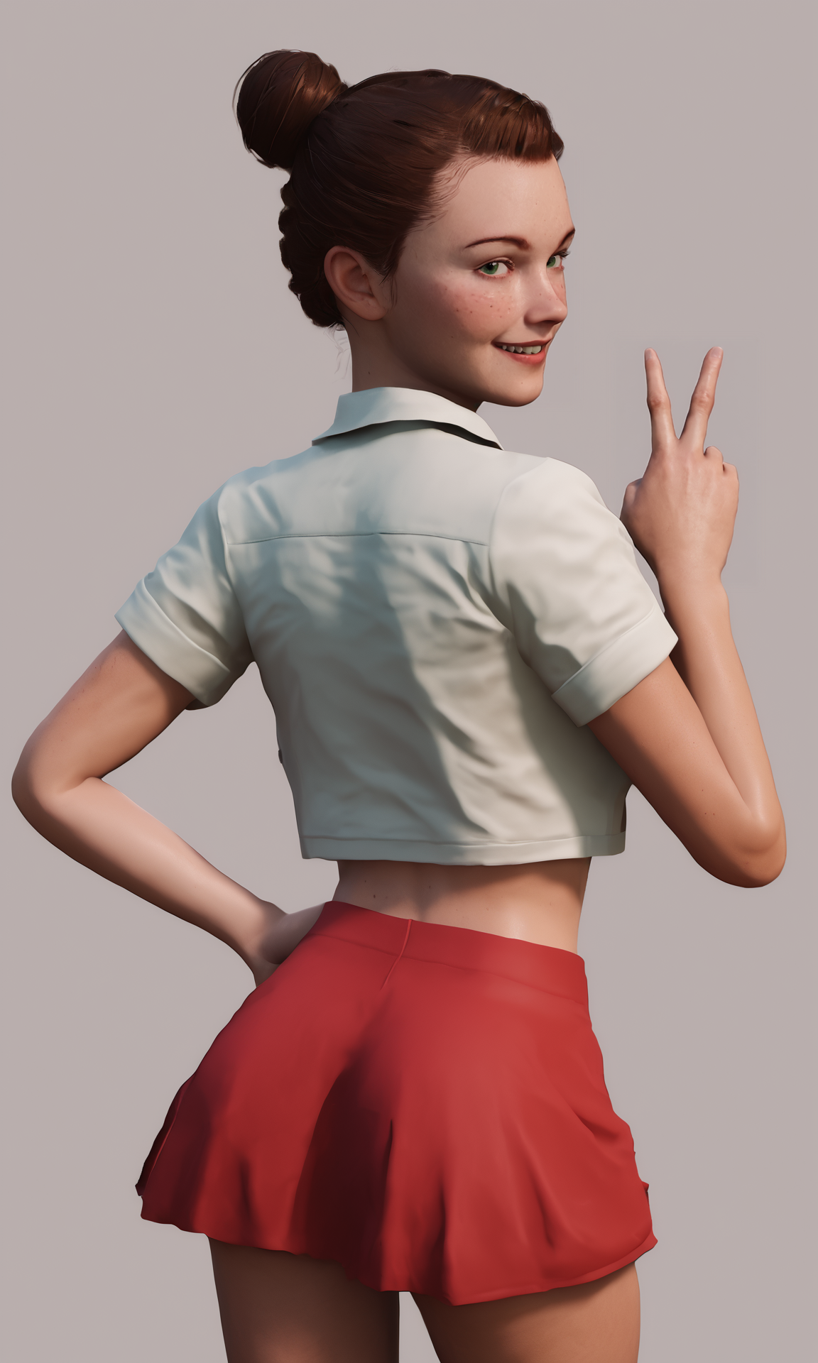 score_9, score_8_up, score_7_up, BREAK,
1girl, vic_bw, brown hair, green eyes, back hair, single bun, freckles, <lora:victoria_burnwood_test:0.79>,
standing, single hand on hip, (rising single arm), peace sign, looking at viewer, smile, from behind,
white shirt, crop shirt, short sleeves, red skirt, short skirt