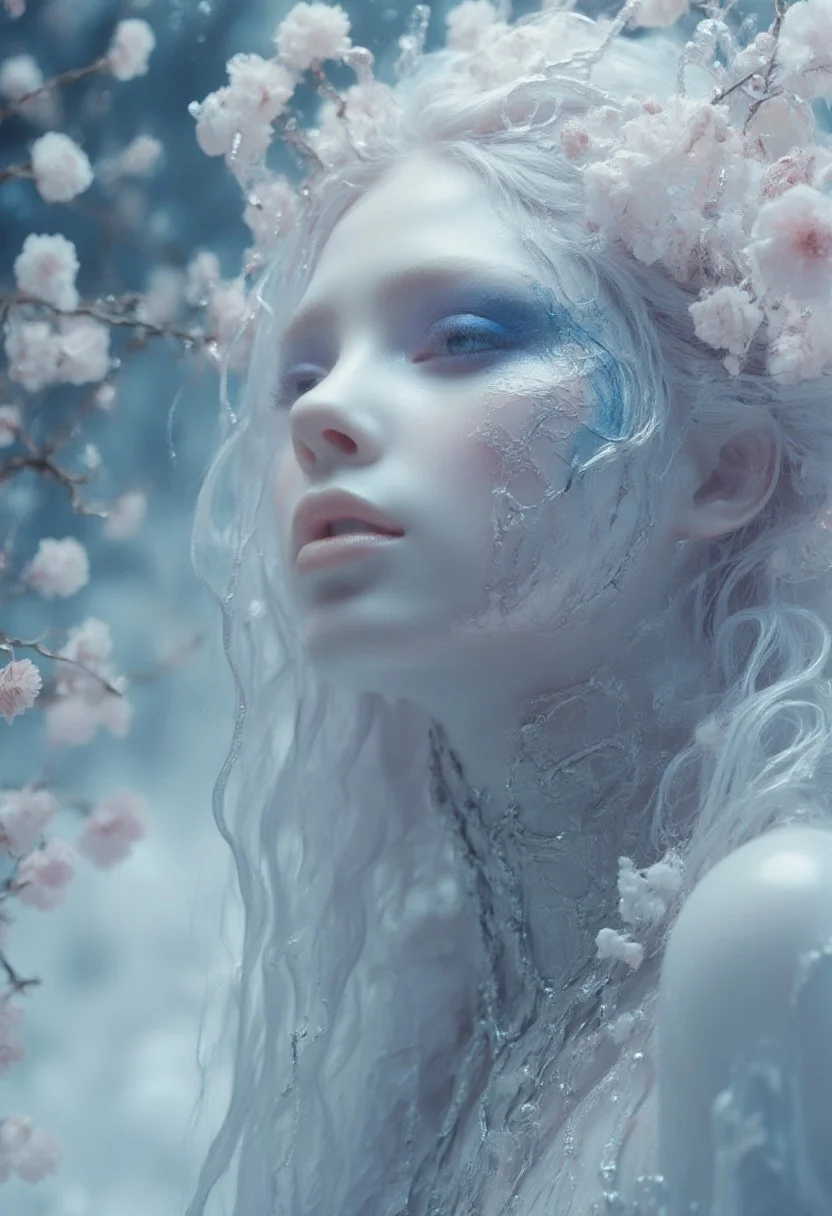 minimalistic portrait of a young Scandinavian woman white glacial blue smoked eye shadow, abstract white biomorphic pattern, winter landscape with glacial flowers, large snowflakes falling from the sky, vivid color, soft contrast, misty aether houte - couture rococo glacial clothing, atmospheric rim lighting, an intricate, elegant, highly detailed digital painting, (style of simon stalenhag, wayne barlowe, igor kieryluk. Lacombe, Patrice Murciano Frostpunk)