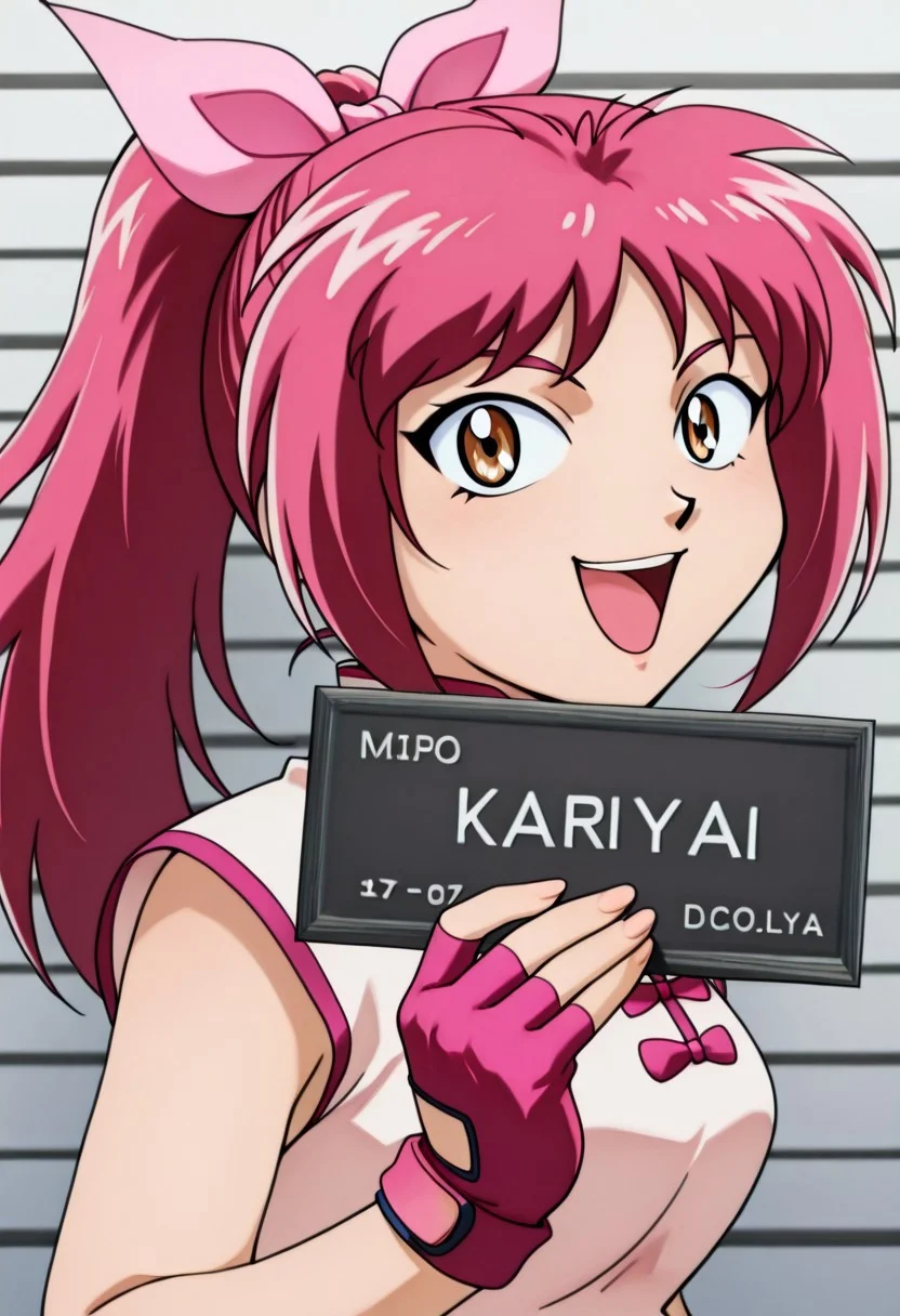 BREAK zPDXLx, mur4k4mi-ip,anime screencap, anime art style, beyblade g revolution, mao chou, mariah wong, pink dress, white dress, 1girl, gloves, fingerless gloves, solo, pink hair, bow, brown eyes, ribbon, long hair, hair ribbon, ponytail, pink bow,chinese clothes, chinese dress, dynamic angle, ken mugshot, holding, nameplate, holding sign, letterboxed, looking at viewer, open mouth, smile, upper body, mugshot, english text,