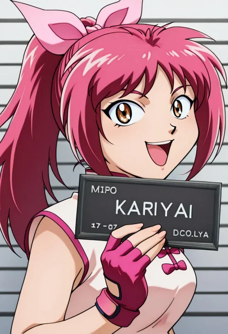 BREAK zPDXLx, mur4k4mi-ip,anime screencap, anime art style, beyblade g revolution, mao chou, mariah wong, pink dress, white dress, 1girl, gloves, fingerless gloves, solo, pink hair, bow, brown eyes, ribbon, long hair, hair ribbon, ponytail, pink bow,chinese clothes, chinese dress, dynamic angle, ken mugshot, holding, nameplate, holding sign, letterboxed, looking at viewer, open mouth, smile, upper body, mugshot, english text,
