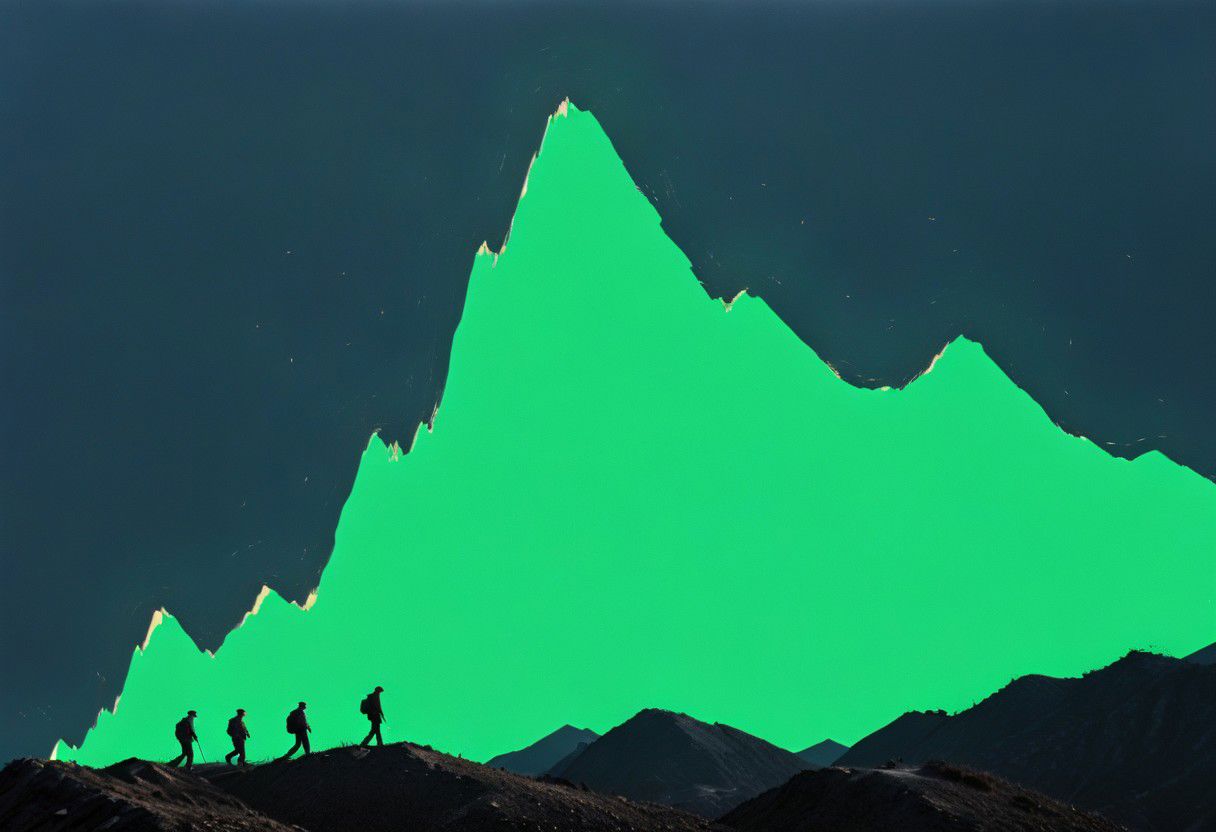 by franco fontana a detailed colorful sketch by herg, n-eeyblch, neon-pastel Dark photo, Create a short story inspired by the photo of dystopian Himalayan Sherpas hauling a pile of old computers and electronic waste up a desolate mountain, with the vast landscape and a broken moon in the background.
