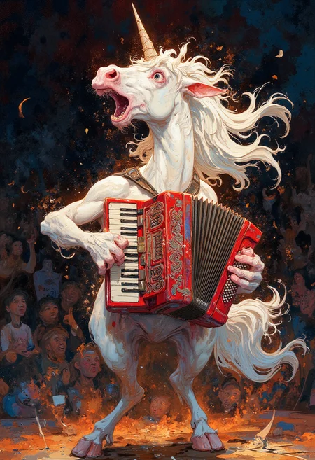 A surprised unicorn with a flowing mane plays the accordion, holding the accordion with its hooves, its eyes wide with inspiration, and its pose full of motion and enthusiasm, as if performing a fiery melody on stage before an imaginary audience.