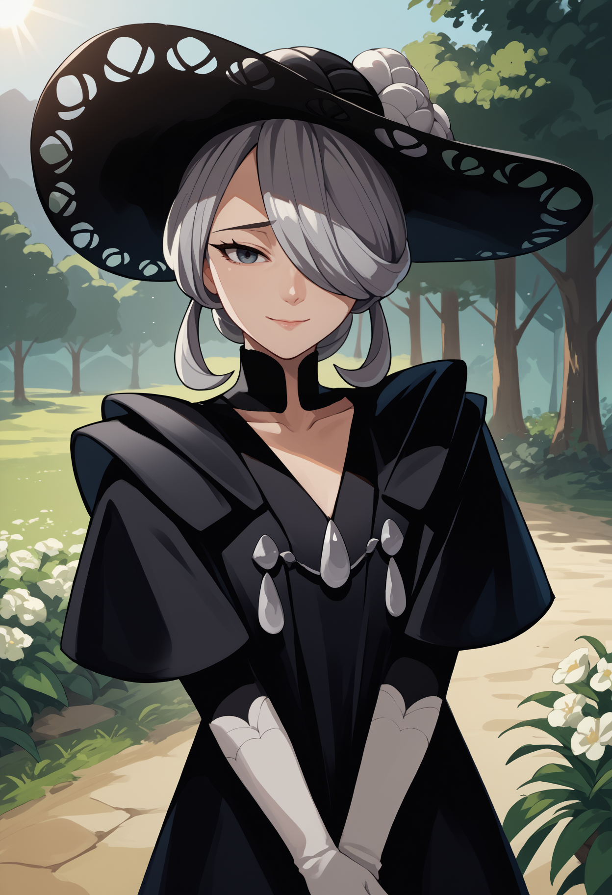 score_9, score_8_up, score_7_up, source_anime, solo, 1girl, c0gita, mature female, smile, closed mouth, looking at viewer, v arms, grey hair, hair over one eye, black headwear, sun hat, black dress, white gloves, elbow gloves, collarbone, outdoors
<segment:yolo-face_yolov8m.pt,0.4,0.5//cid=1>
