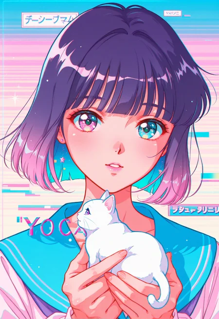 (incredibly_absurdres, amazing_background, best quality, pastel_colors, colorful_theme, gradient, (grainy_texture:1.4), vaporwave, very aesthetic, soft_lighting, 1990s_(style), retro_artstyle, anime_coloring, flat_colors, scanlines)
(WCA-Illu, wacca005, 1girl, solo, short_hair, blunt_bangs, sailor_collar, looking_at_viewer, holding_cat, small_animal, cat_in_hand, open_mouth, shiny_lips, heterochromia, star_in_eye, reflection_in_eyes, gradient_hair, blue_hair, purple_hair, glitch_effect, pastel_colors, magenta_lighting, soft_shading, gradient_background, background_text, english_text, dreamy, surreal, (nostalgia), analog_style, soft_focus, moody)