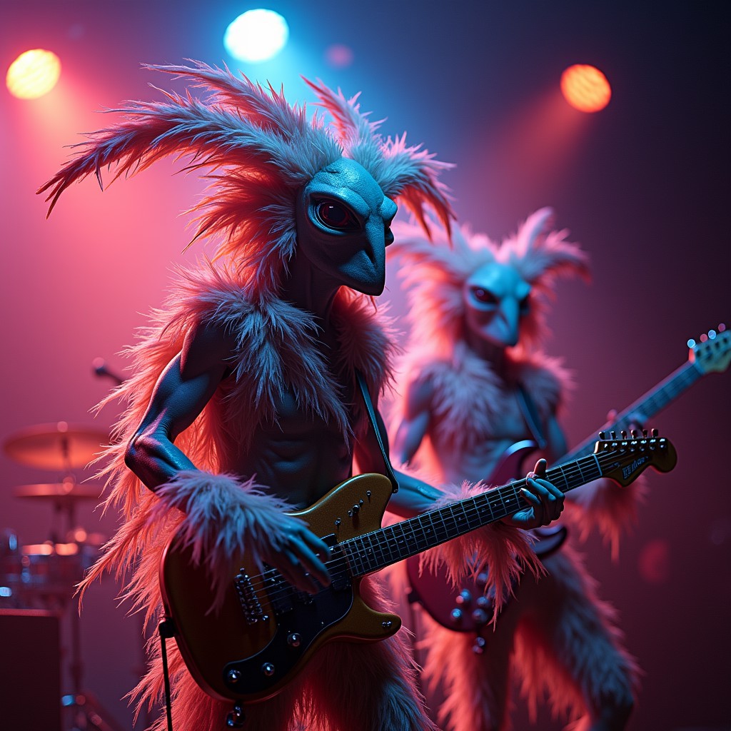 bizarre alien creatures covered in multi-colored feathers performing on stage as a rock band in a alien night-club, photo